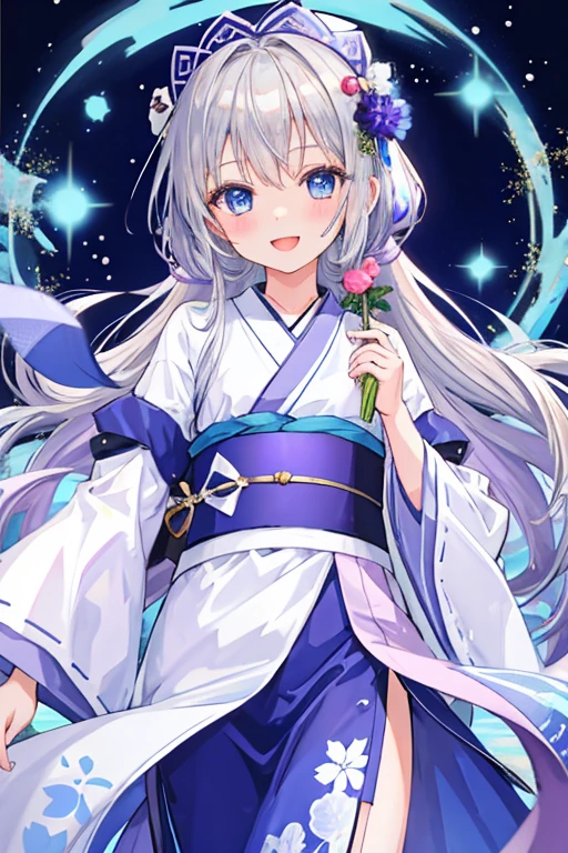 One girl, bangs, The background is blurred, Similar to Hoshino Rumi, Small breasts,  Long Hair(silver:1.2), Blue Eyes(Blue:1.2), Long yukata(purple:1.2), Displaying the viewer, Open your mouth, smile, alone, Very detailed, complicated, masterpiece, Absurd