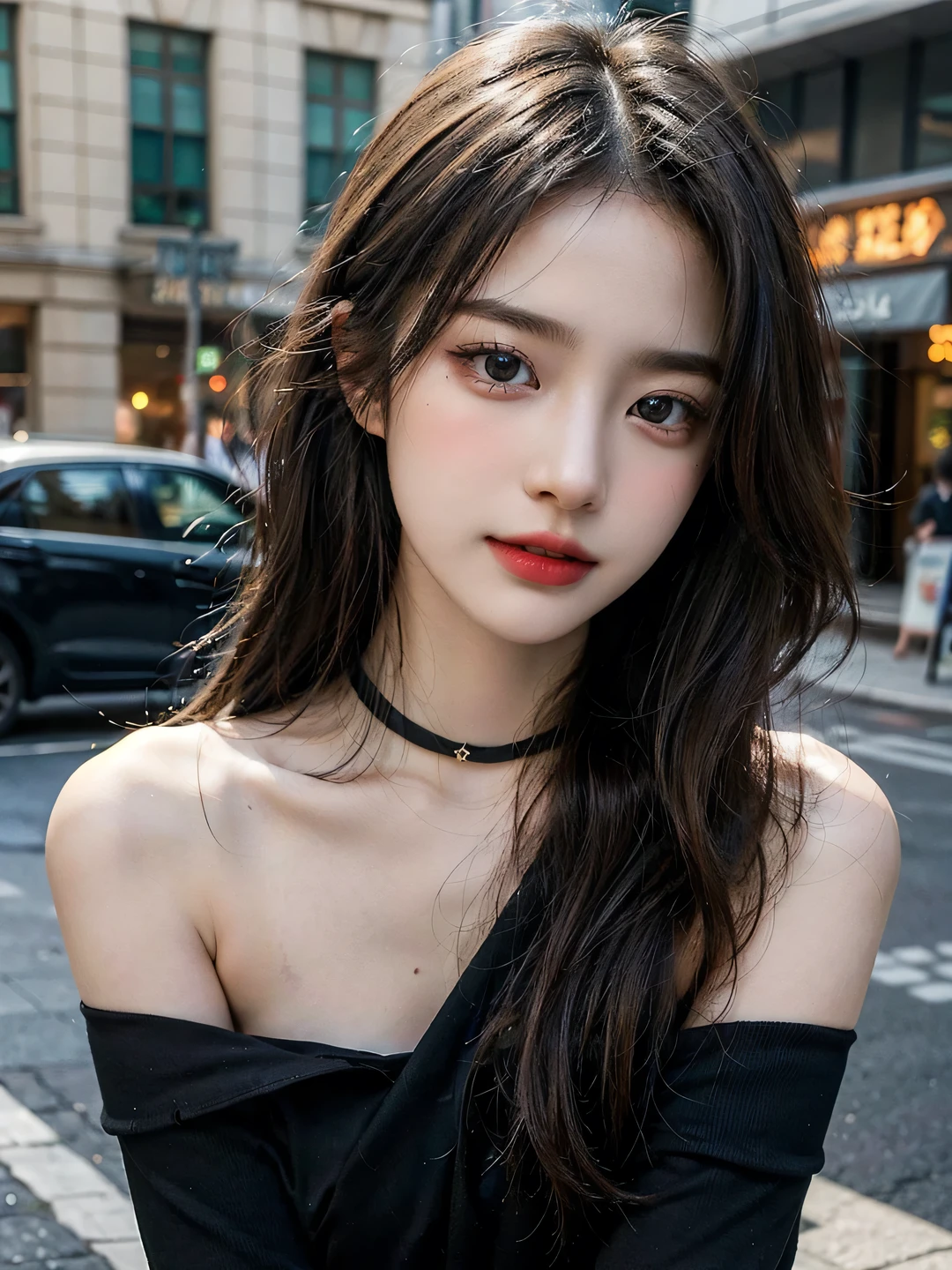 best qualityer，infinite details，HighestQuali，Frontal photo，Beautiful beautiful girl，soft，Perfectly proportioned face，Be red in the face，big laughter，Exquisite facial features，Sweet smile，Elaborate Eyes，Delicate eyelashes, Beautiful eyes, sweet with silkworms，ear studs，choker necklace，Delicate collarbones，Long flowing hair，Smooth hair，（（High-neck off-the-shoulder shirt shiny，Black shirt skinny jeans：1.3）），Wrapped feeling，perfect bodies，folds，Delicate skin，Not exposed，Dynamic action，exteriors，eventide，Tano，depth of fields，Large depth of field，Perfect details，extremy detailed，Realistic to the extreme，Movie CG rendering，cinematric light，Works of masters，Dingdall effect，Portrait of Hojo Division.hyper HD，Realiy，Slim，180，Large chest，Stand up，Street photography，mizore，