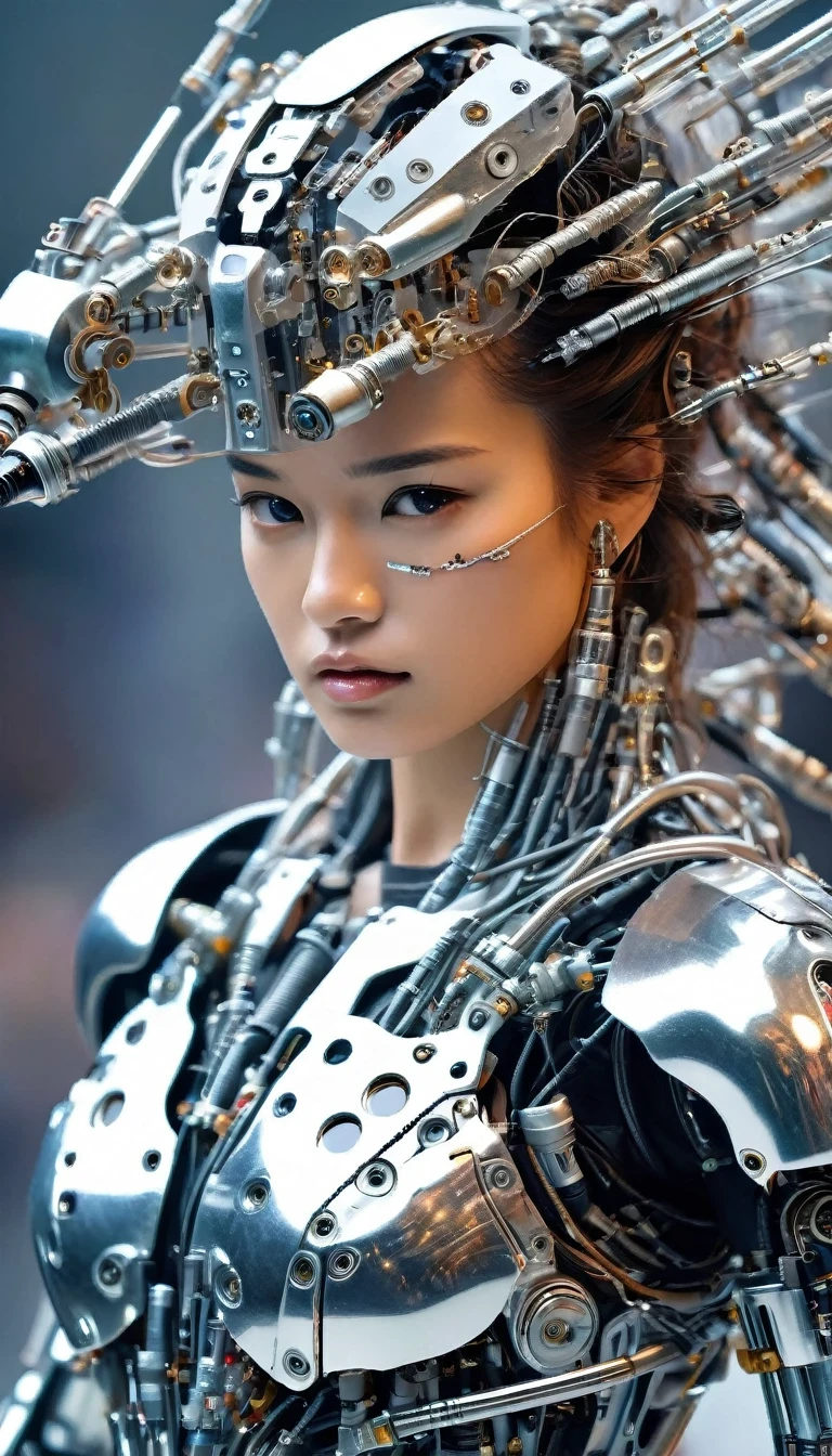 lithe beautiful terminator female runway model dressed in a robotic outfit, photographic detail, angura kei, modelcore, soft-focused realism, tousled beautiful hair, clear plastic armor, perfect natural complexion, hyperbole, precisionist -