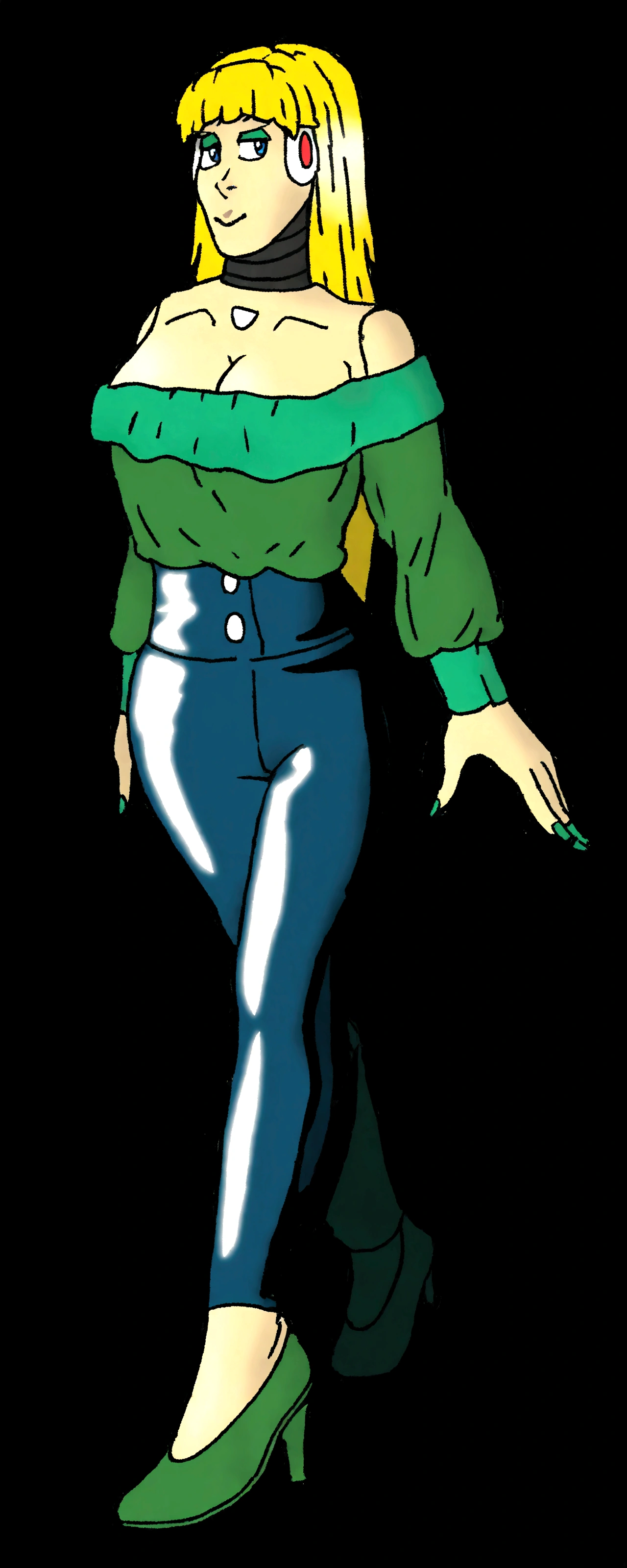 cartoon of a woman in a green top and blue pants, digitally colored, full body close-up shot, dinah drake, zoomed out full body, full body portrait of jean grey, inspired by Allen Jones, full body portrait of a short!, inspired by Bruce Timm, colored screentone, inspired by Luigi Kasimir, full body with costume