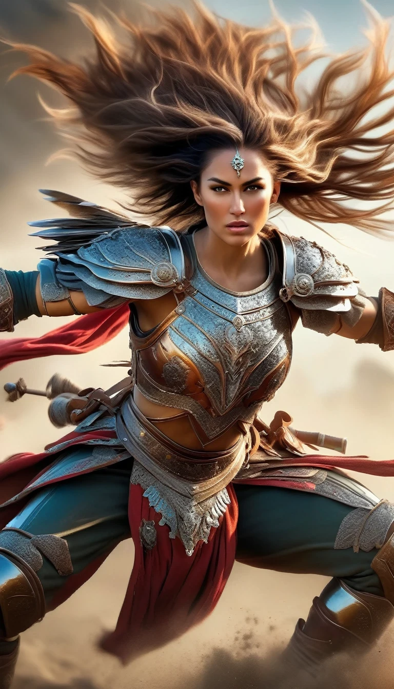 1 female warrior on a galloping horse, extremely detailed armor, detailed facial features, flowing hair, muscular arms, powerful stance, dramatic action pose, cinematic lighting, rich color palette, epic fantasy landscape, digital painting, photorealistic, 8k, best quality, masterpiece