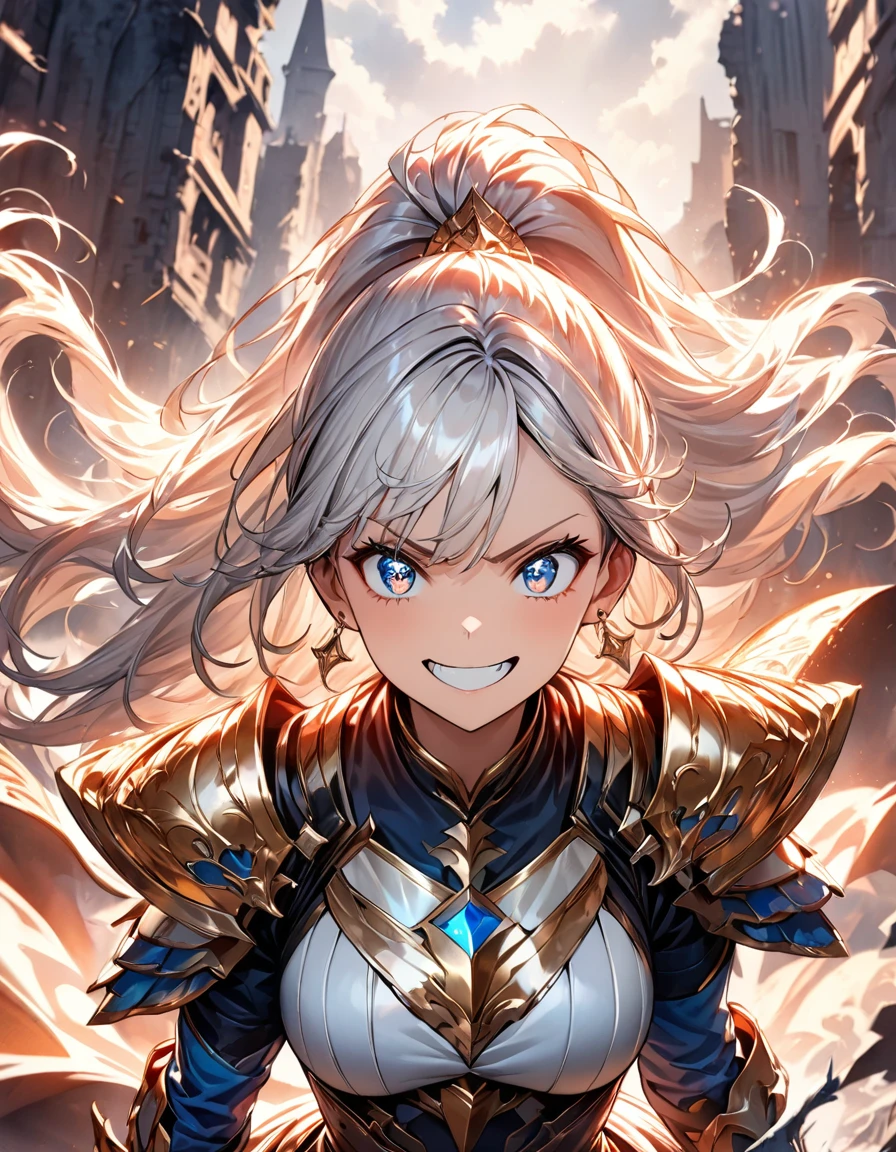 (highest quality:1.2, Very detailed, up to date, Vibrant, Ultra-high resolution, High Contrast, masterpiece:1.2, highest quality, Best aesthetics), (((1 girl))), Woman wielding a large sword, Luxurious Armor, Flowing hair, intense expression, Intense battle scenes, Dramatic lighting, Bright colors, Powerful strokes, Silver Hair, High Ponytail, Wavy Hair, blue eyes, jewelry, Earrings, (((Expression of fine eyes:1.2, Beautiful Skin, Detailed facial expressions))), Flowing hair, (Crazy Smile, Sparkling eyes), Heroic figures, Detailed armor and weapons, Dynamic pose, War-torn landscape background,whole body