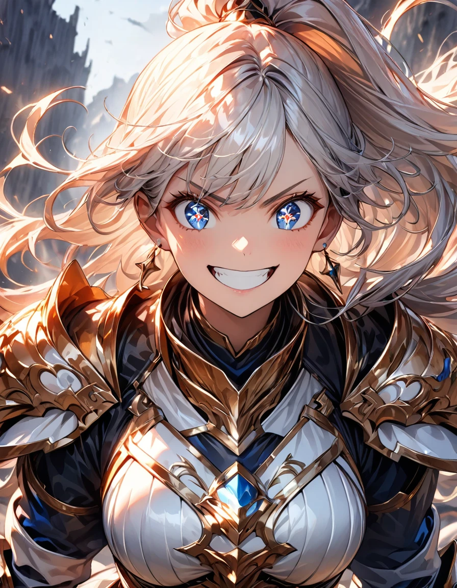 (highest quality:1.2, Very detailed, up to date, Vibrant, Ultra-high resolution, High Contrast, masterpiece:1.2, highest quality, Best aesthetics), (((1 girl))), Woman wielding a large sword, Luxurious Armor, Flowing hair, intense expression, Intense battle scenes, Dramatic lighting, Bright colors, Powerful strokes, Silver Hair, High Ponytail, Wavy Hair, blue eyes, jewelry, Earrings, (((Expression of fine eyes:1.2, Beautiful Skin, Detailed facial expressions))), Flowing hair, (Crazy Smile, Sparkling eyes), Heroic figures, Detailed armor and weapons, Dynamic pose, War-torn landscape background,whole body