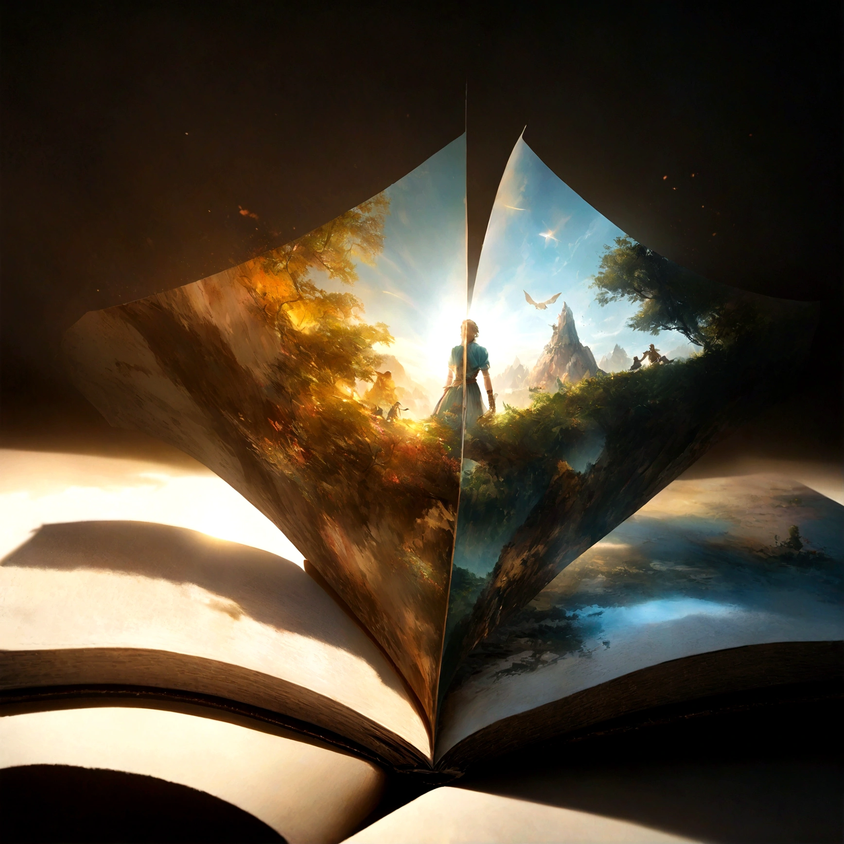 Hyper-realistic digital art style, "fairy tale", A fantasy world from the center book, Opening the book, Ultra detailed double exposure fantasy illustration, masterpiece, Movie, author：Andreas Lie, Luke Gramm, Photorealism, Backlight, Gorgeous lighting