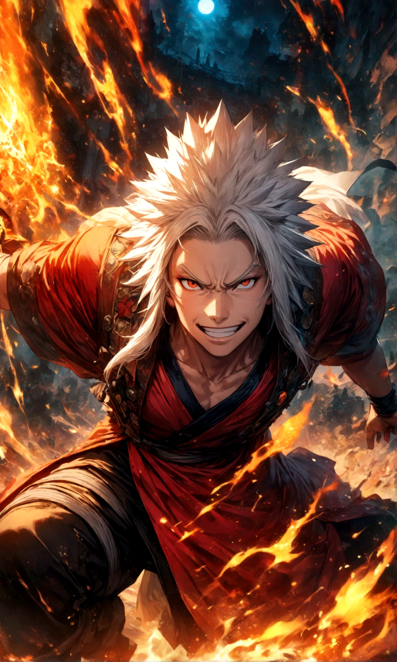 (1 middle-aged male,jiraiya),comics『NARUTO』Characters in,The unfolded scroll,Use of witchcraft,Battle Style,Cynical Smile,Sorcery Effects,Intricate details,Wide range of colors,artwork,rendering,(masterpiece:1.3),(highest quality:1.4),(Very detailed:1.5),High resolution,Very detailed,unity 8k wallpaper,Enjoy the battle