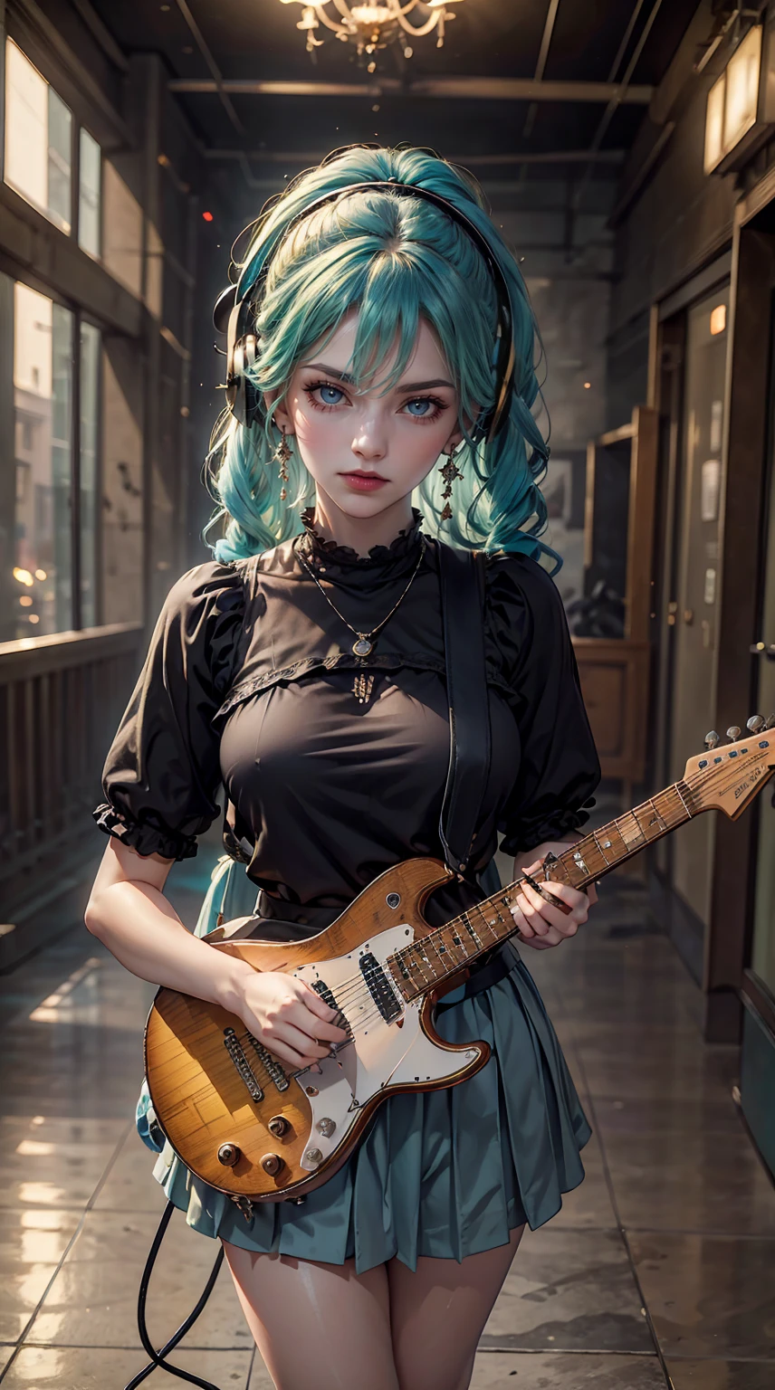 ((masterpiece, highest quality))One Girl, alone, Black Dress, blue eyes, electric guitar, guitar, Headphones, Double Ponytail, Holding, Holding plectrum, musical instrument, Long Hair, music, One side up, Turquoise Hair, Twin tails, guitarを弾く, Pleated skirt, Black Shirt, interior