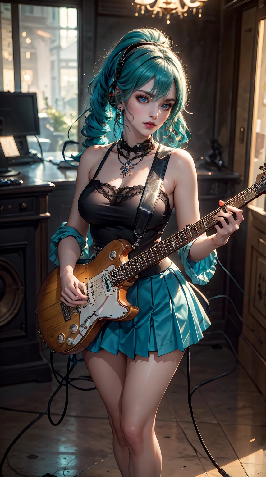 ((masterpiece, highest quality))One Girl, alone, Black Dress, blue eyes, electric guitar, guitar, Headphones, Double Ponytail, Holding, Holding plectrum, musical instrument, Long Hair, music, One side up, Turquoise Hair, Twin tails, guitarを弾く, Pleated skirt, Black Shirt, interior