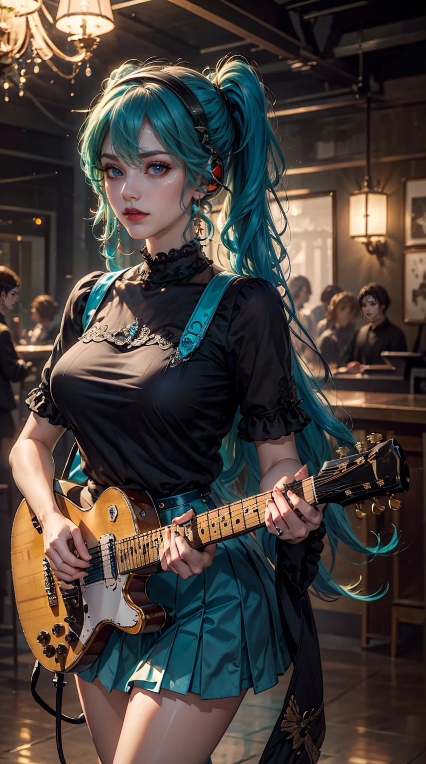 ((masterpiece, highest quality))One Girl, alone, Black Dress, blue eyes, electric guitar, guitar, Headphones, Double Ponytail, Holding, Holding plectrum, musical instrument, Long Hair, music, One side up, Turquoise Hair, Twin tails, guitarを弾く, Pleated skirt, Black Shirt, interior