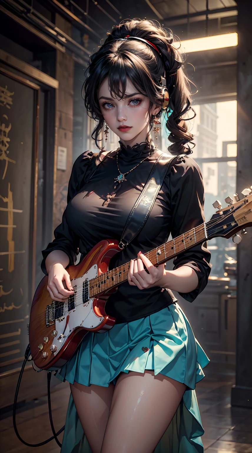 ((masterpiece, highest quality))One Girl, alone, Black Dress, blue eyes, electric guitar, guitar, Headphones, Double Ponytail, Holding, Holding plectrum, musical instrument, Long Hair, music, One side up, Turquoise Hair, Twin tails, guitarを弾く, Pleated skirt, Black Shirt, interior