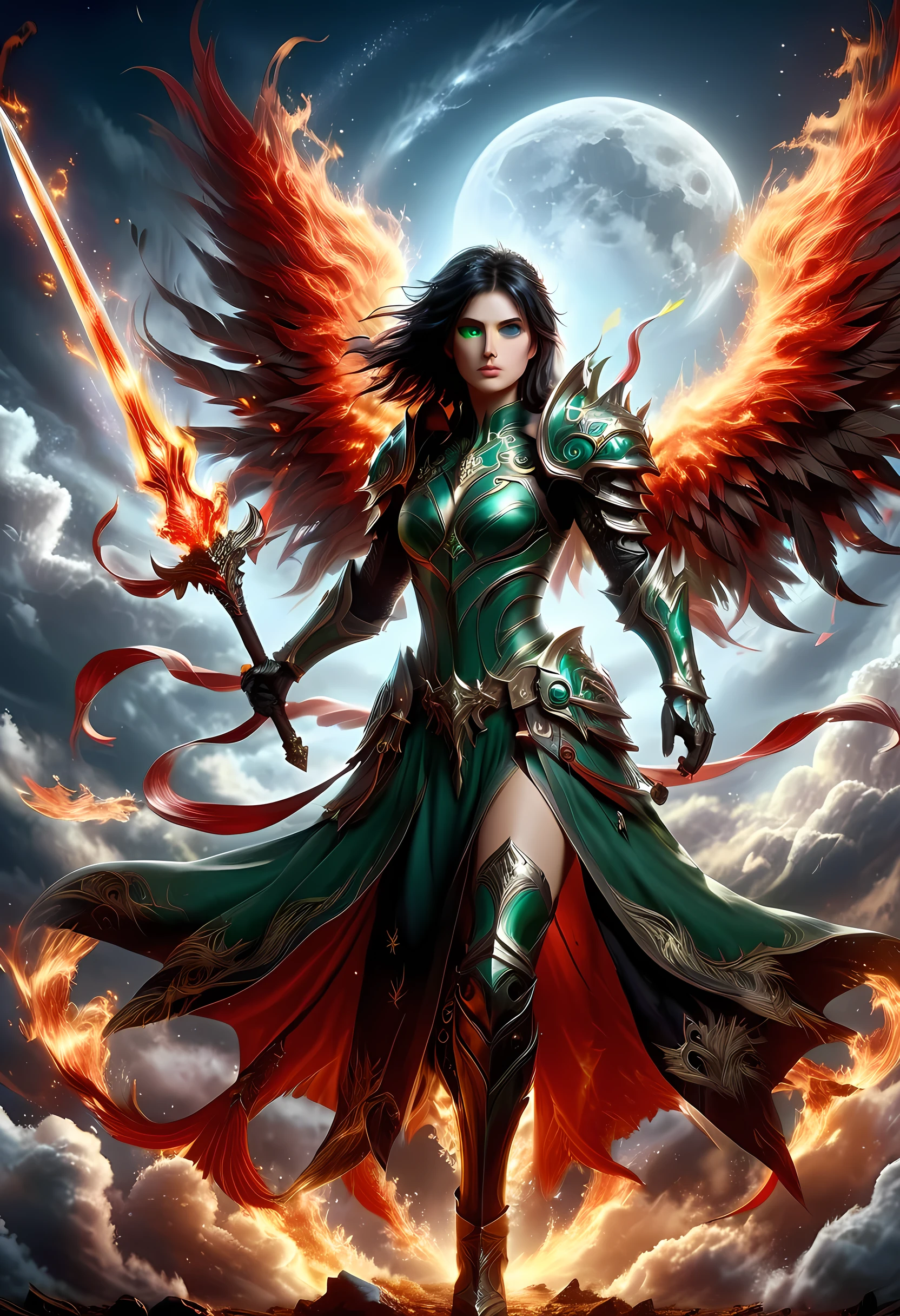 16k, ultra detailed, masterpiece, best quality, (extremely detailed), arafed, dnd art, panoramic view, full body, aasimar, female, (Masterpiece, intense details:1.3), female, divine warrior, holding ((flaming blade: 1.5)) (Masterpiece, intense details:1.3) large feathered wings,(white: 1.3) angelic wings spread (Masterpiece, intense details:1.3), fantasy magical heaven background (Masterpiece, intense details:1.3), moon, stars, clouds, wearing (azure armor: 1.3) (Masterpiece, intense details:1.3), elegant high heeled boots (Masterpiece, intense details:1.3), armed with sword, (black hair: 1.4), (green eyes: 1.4), intense eyes, ultra feminine, ultra detailed face, (Masterpiece, intense details:1.5), (anatomically correct: 1.5), determined face, divine light, cinematic lighting, soft light, silhouette, photorealism, panoramic view ((Masterpiece, intense details:1.3)) , Wide-Angle, Ultra-Wide Angle, 16k, highres, best quality, faize, 2.5D rendering, phoenix dress, Sword and shield, RagingNebula
