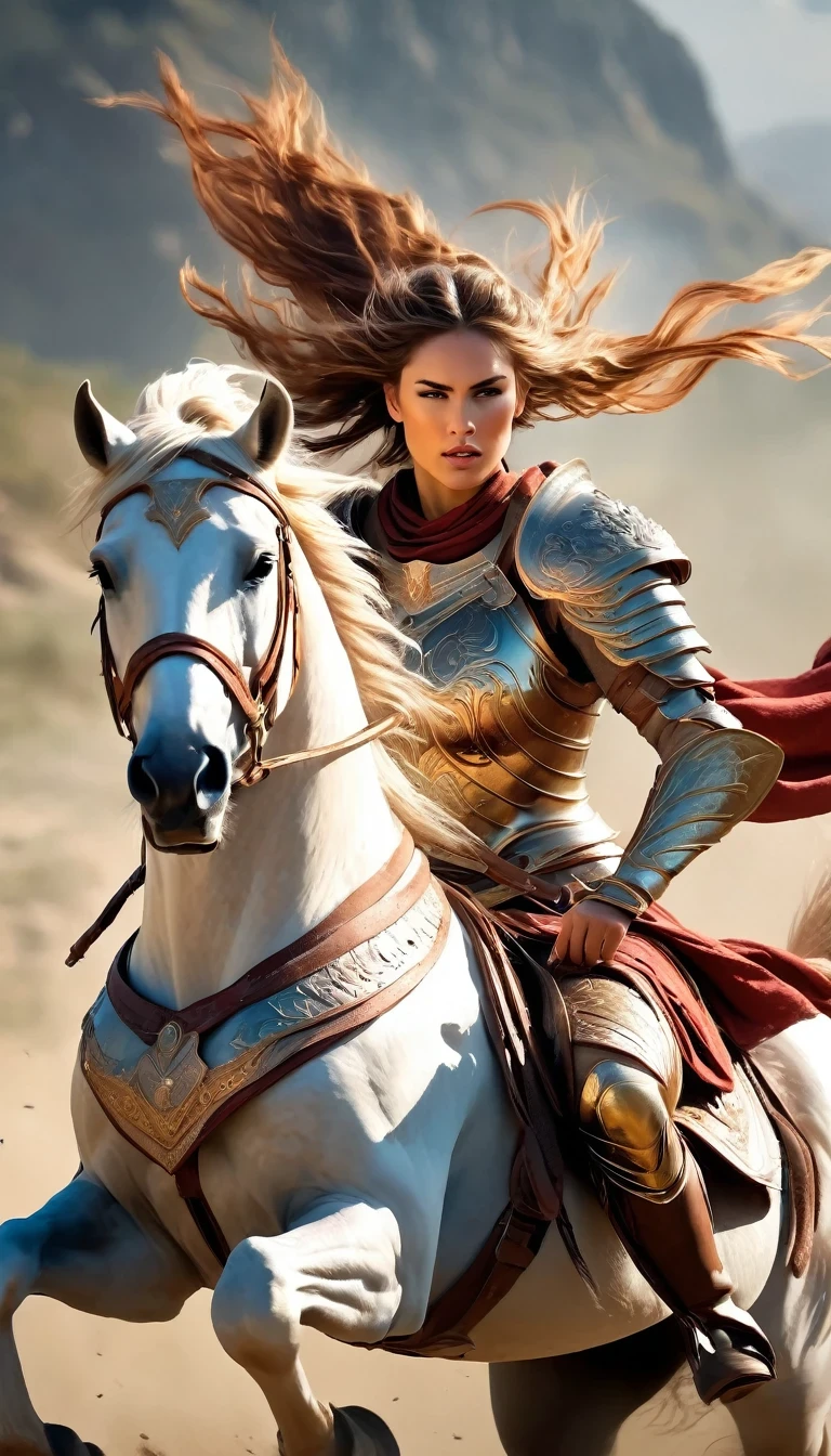 1 female warrior on a galloping horse, extremely detailed armor, detailed facial features, flowing hair, muscular arms, powerful stance, dramatic action pose, cinematic lighting, rich color palette, epic fantasy landscape, digital painting, photorealistic, 8k, best quality, masterpiece