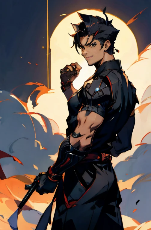 masterpiece,best quality,ultra-detailed,8k,high resolution,Correct drawing,Short Hair,A wound between the eyes,片方の腕がメカニカルなProsthetic arm,cyber punk,cyborg,mechanical,Prosthetic arm,Black work clothes, Face close-up,Japanese Male、Black Hair、Large physique,Thick arms,Tight waist,Wide width,mohican hairstyle,Sides are shaved,all back,A fearless smile、Warrior of Darkness,mercenary,30 year old man, sexy, Subjective and sensual poses, Showing open palm with fingers,The background is a quiet, moonlit wilderness.,prick々Beautiful Moonlight,Comet in the sky,Levitation,explosion,flame,Pillar of Fire