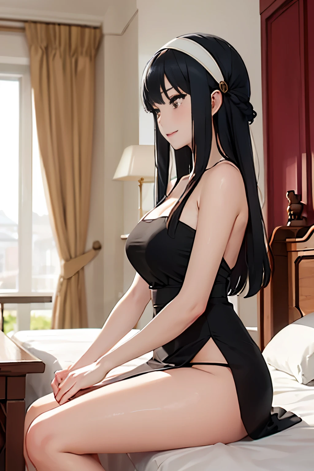 masterpiece、highest quality、High resolution、1 girl、Her Room、((solo))、((Beautiful long black hair))、Bright red eyes、blush、smile、Are thin、tits、Thin thighs、((yor_briar_spyxfamily、White hair band、Jet Black Hair、Collapsed on the bed、Underarm、Side view、The side of the waist is visible、Side bust、Long slit、Side slits、Open Dress、Black Dress))、(((No underwear)))