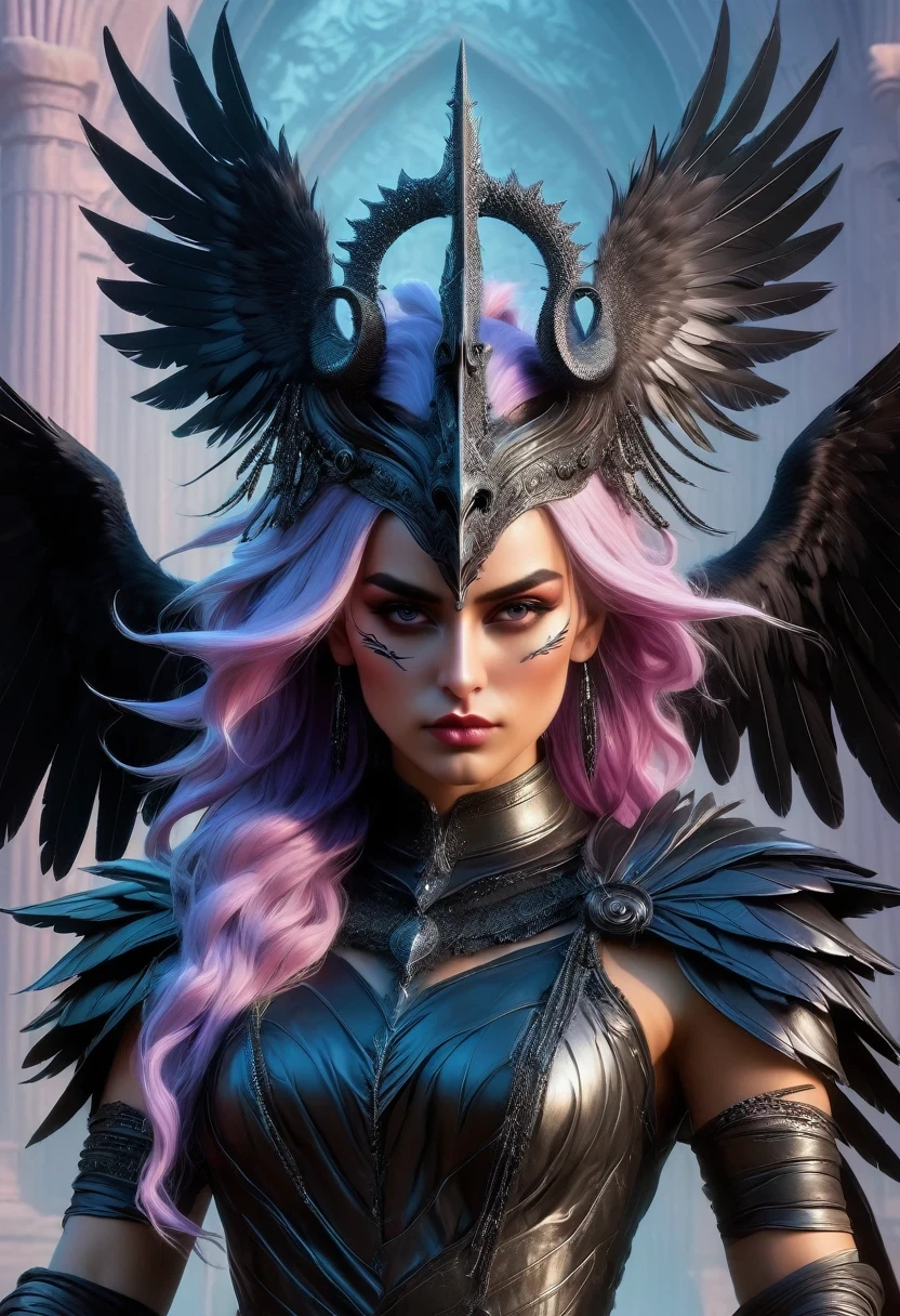 A Female Warrior/The female warrior is wearing a gorgeous sleeveless dress, holding her chin with one hand, wearing exquisite makeup, with long white waves on her head, a pair of huge black wings on her back, and a pair of black feathers on her head. Horns, a crow standing on the shoulder, medieval darkness, vaporwave, contrasting colors, ultra-high definition details,