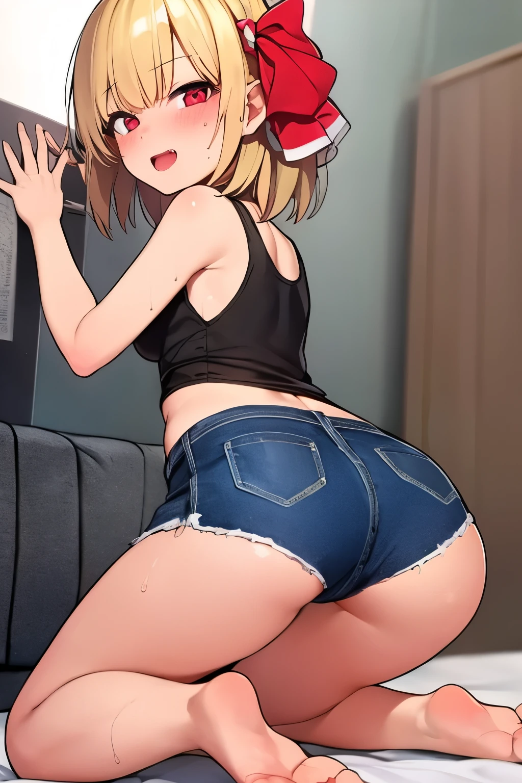 2D，highest quality，(masterpiece)，(whole body)，Rumia，blonde，1 girl，，young，Small ears，Healthy brown skin，黒のDenim hot pants，Tank top，barefoot，barefoot，Attractive thighs，Butt，(Red ribbon on head )，Total，Bedroom，get drunk，Sweat，Superior，cheeks are bright red，(Kneeling pose)， (wave hands)，Cute with bruises，erotic，I feel it，Denim hot pants，night，Heavy breathing，Girl Brat，An evil  like a little devil，Heart on head