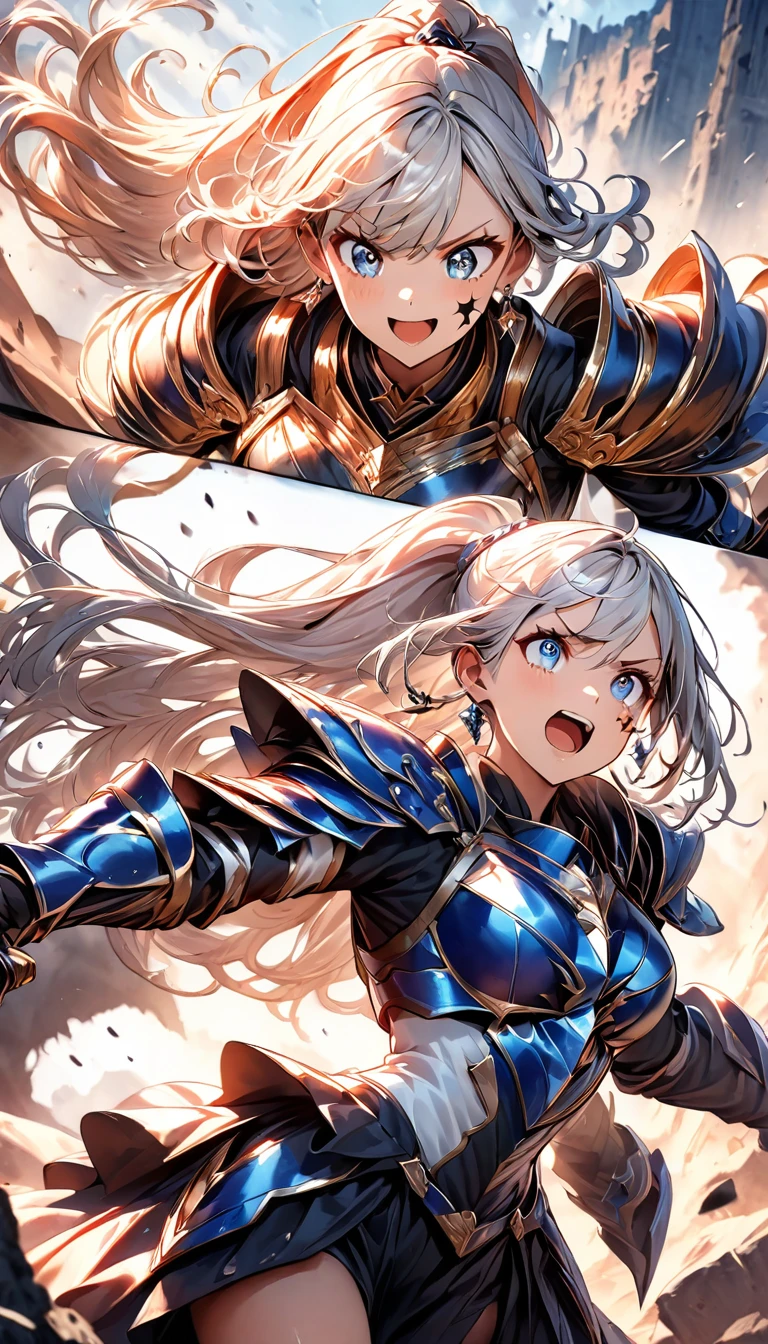 (highest quality:1.2, Very detailed, up to date, Vibrant, Ultra-high resolution, High Contrast, masterpiece:1.2, highest quality, Best aesthetics), (((1 girl))), Woman wielding a large sword, Luxurious Armor, Flowing hair, intense expression, Intense battle scenes, Dramatic lighting, Bright colors, Powerful strokes, Silver Hair, High Ponytail, Wavy Hair, blue eyes, jewelry, Earrings, (((Expression of fine eyes:1.2, Beautiful Skin, Detailed facial expressions))), Flowing hair, (Crazy Smile, Sparkling eyes), Heroic figures, Detailed armor and weapons, Dynamic pose, War-torn landscape background,whole body
