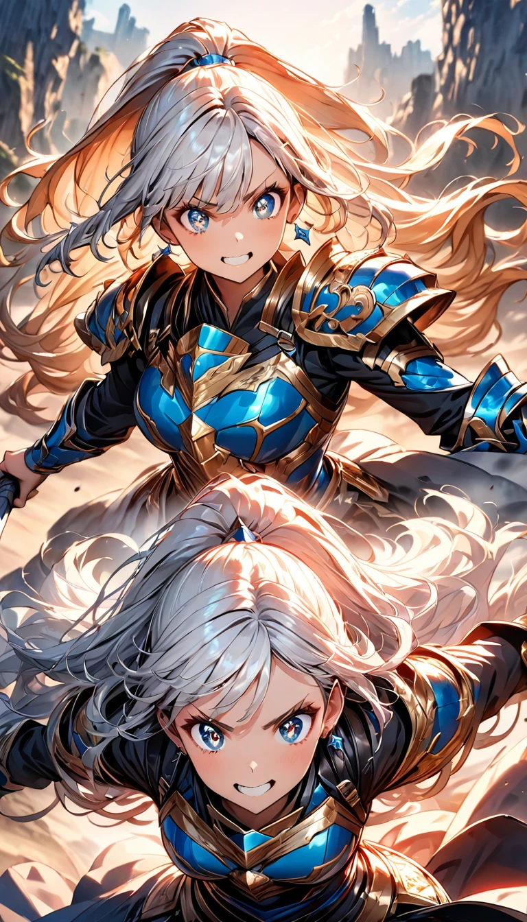 (highest quality:1.2, Very detailed, up to date, Vibrant, Ultra-high resolution, High Contrast, masterpiece:1.2, highest quality, Best aesthetics), (((1 girl))), Woman wielding a large sword, Luxurious Armor, Flowing hair, intense expression, Intense battle scenes, Dramatic lighting, Bright colors, Powerful strokes, Silver Hair, High Ponytail, Wavy Hair, blue eyes, jewelry, Earrings, (((Expression of fine eyes:1.2, Beautiful Skin, Detailed facial expressions))), Flowing hair, (Crazy Smile, Sparkling eyes), Heroic figures, Detailed armor and weapons, Dynamic pose, War-torn landscape background,whole body