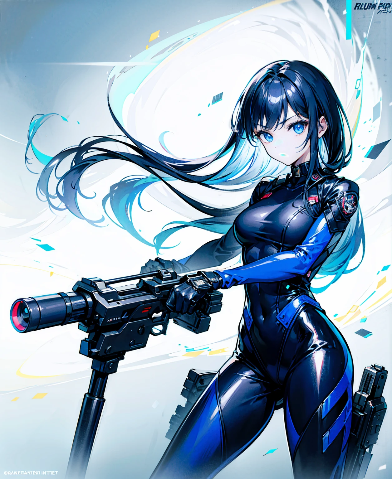 There is no background,girl,Carry a firearm,Patent leather tight suit,Use of firearms,Navy blue long hair,attention arousal,Blue colored eyes,No gradients