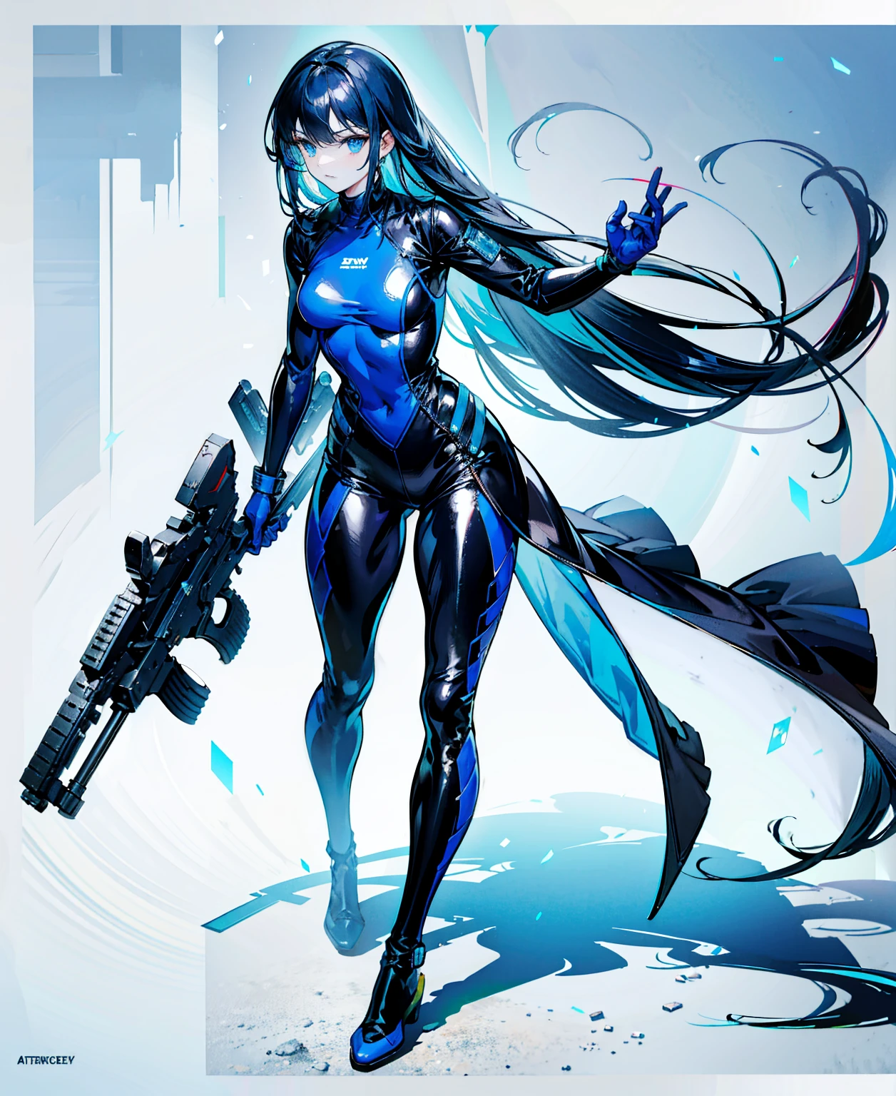 There is no background，girl，Carry a firearm，Patent leather tight suit，Use of firearms，Navy blue long hair，attention arousal，Blue colored eyes,No gradients