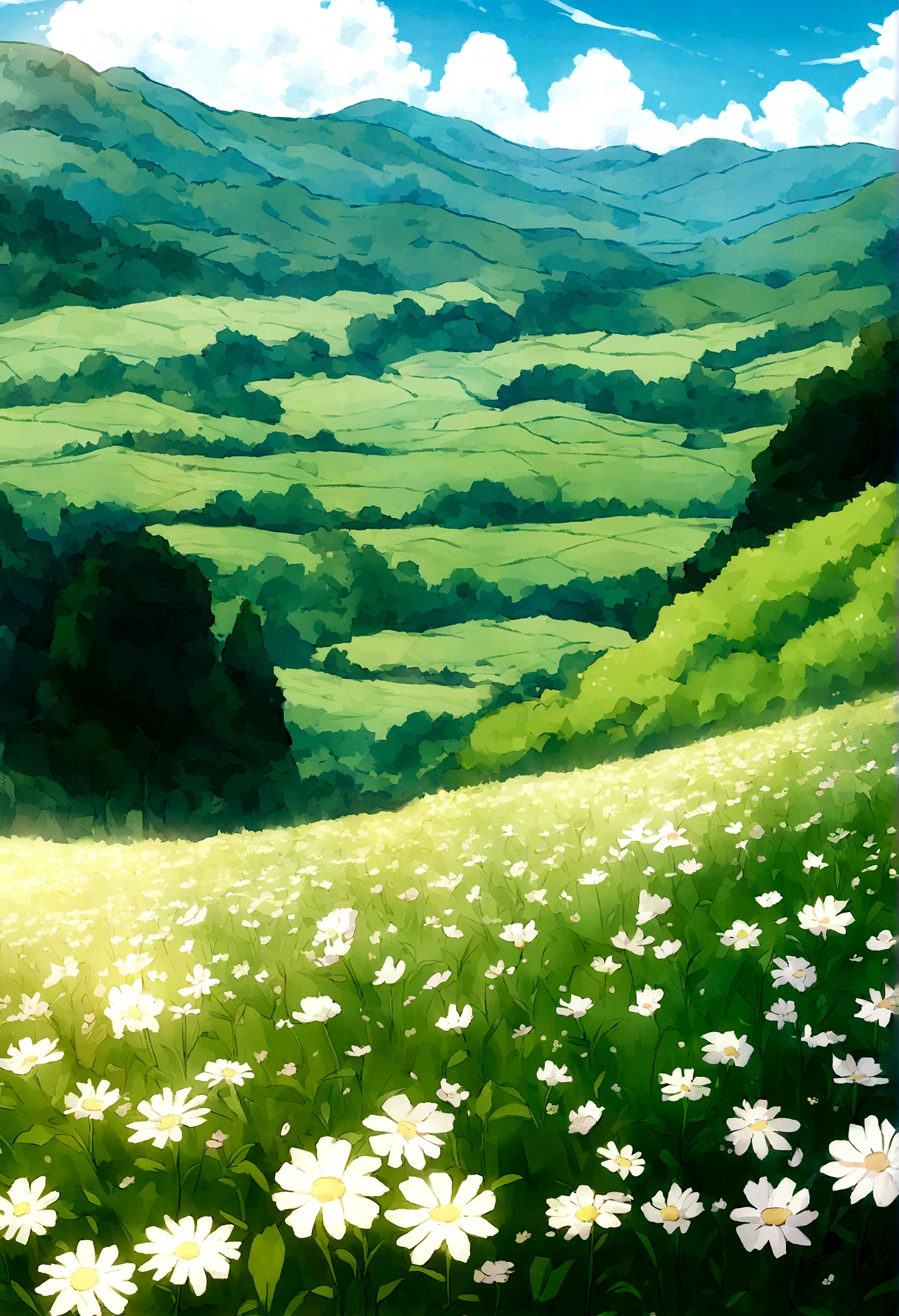 field region, repleto de flores, on a beautiful sunny morning, open area, durante a primavera, montanhas ao fundo da imagem, animation style, cartoon