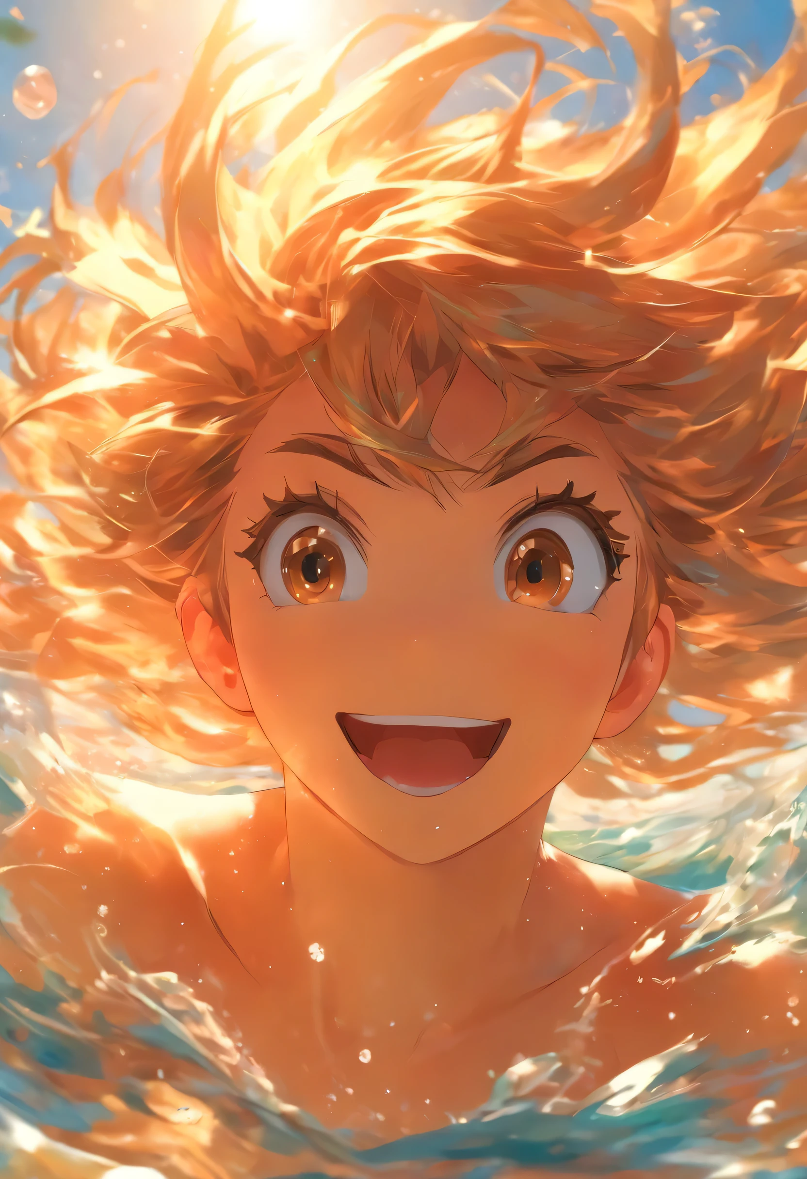 foreshortening,  profundidade de campo, Obra de arte, melhor qualidade, 1 garota, cabelo castanho, olhos castanhos,  cabelo longo, embaixo da agua, Bolha de ar, Sozinho, olhando para o espectador, School swimsuit, swimming,  luz solar manchada,