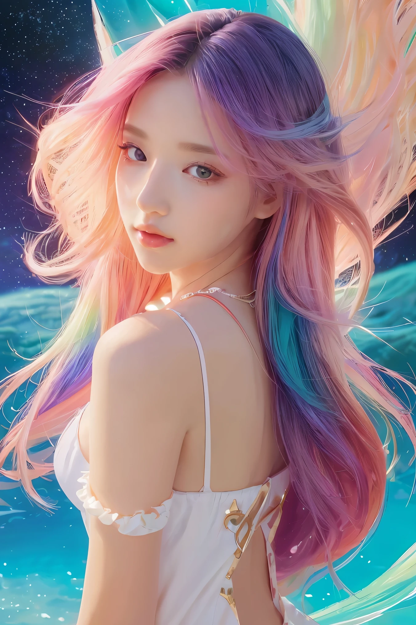 Close-up of a woman with colorful hair and necklace, anime girl with cosmic hair, soft vitality of Rossdraws, artwork in Guvez style, fantasy art style, colorful], vibrant fantasy style, Rossdraws cartoon full of vitality, universe and colorful, Guweiz, colorful digital fantasy art, stunning art style, beautiful anime style, white skin, Hulk clothes