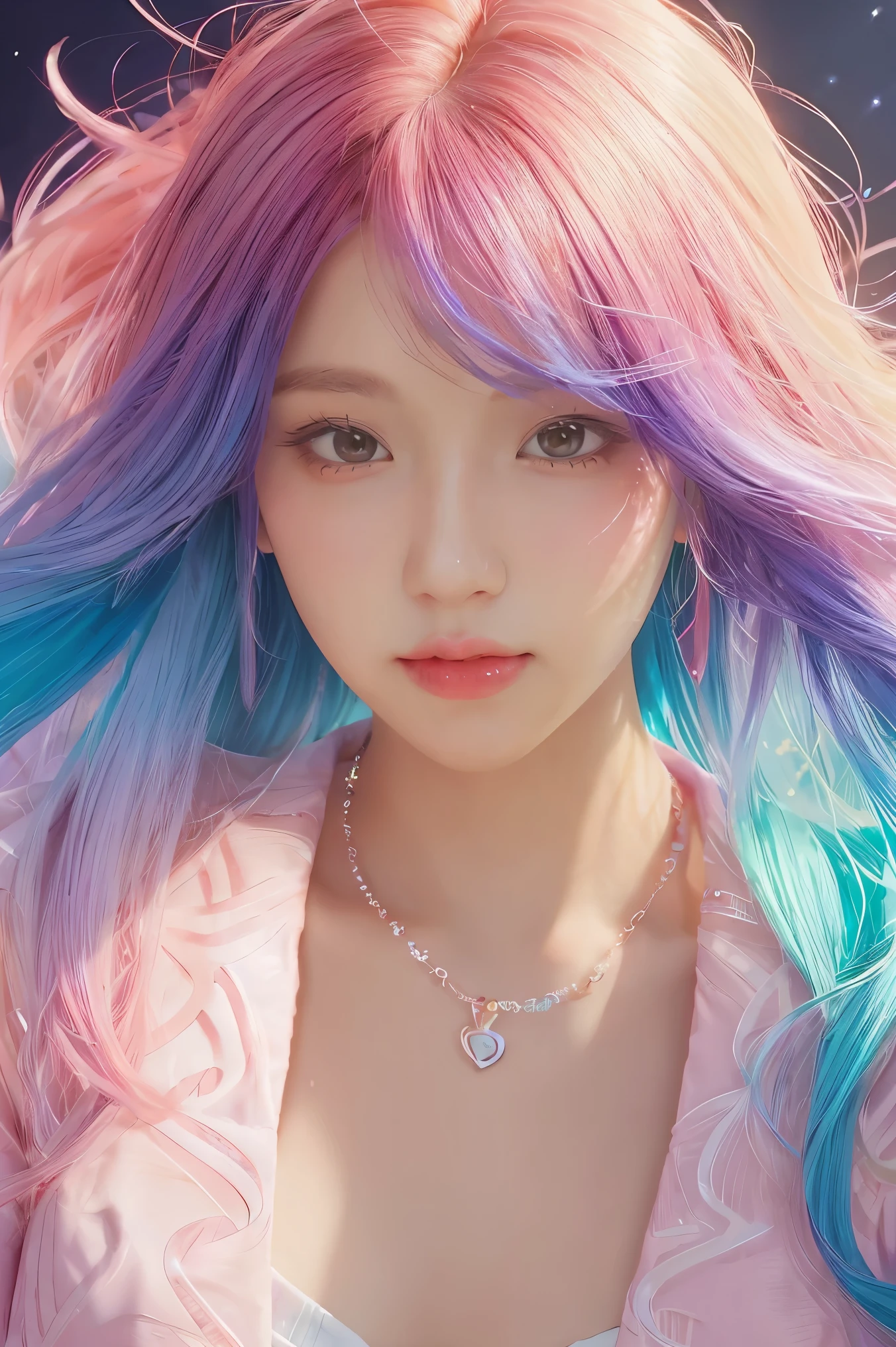 Close-up of a woman with colorful hair and necklace, anime girl with cosmic hair, soft vitality of Rossdraws, artwork in Guvez style, fantasy art style, colorful], vibrant fantasy style, Rossdraws cartoon full of vitality, universe and colorful, Guweiz, colorful digital fantasy art, stunning art style, beautiful anime style, white skin, Hulk clothes