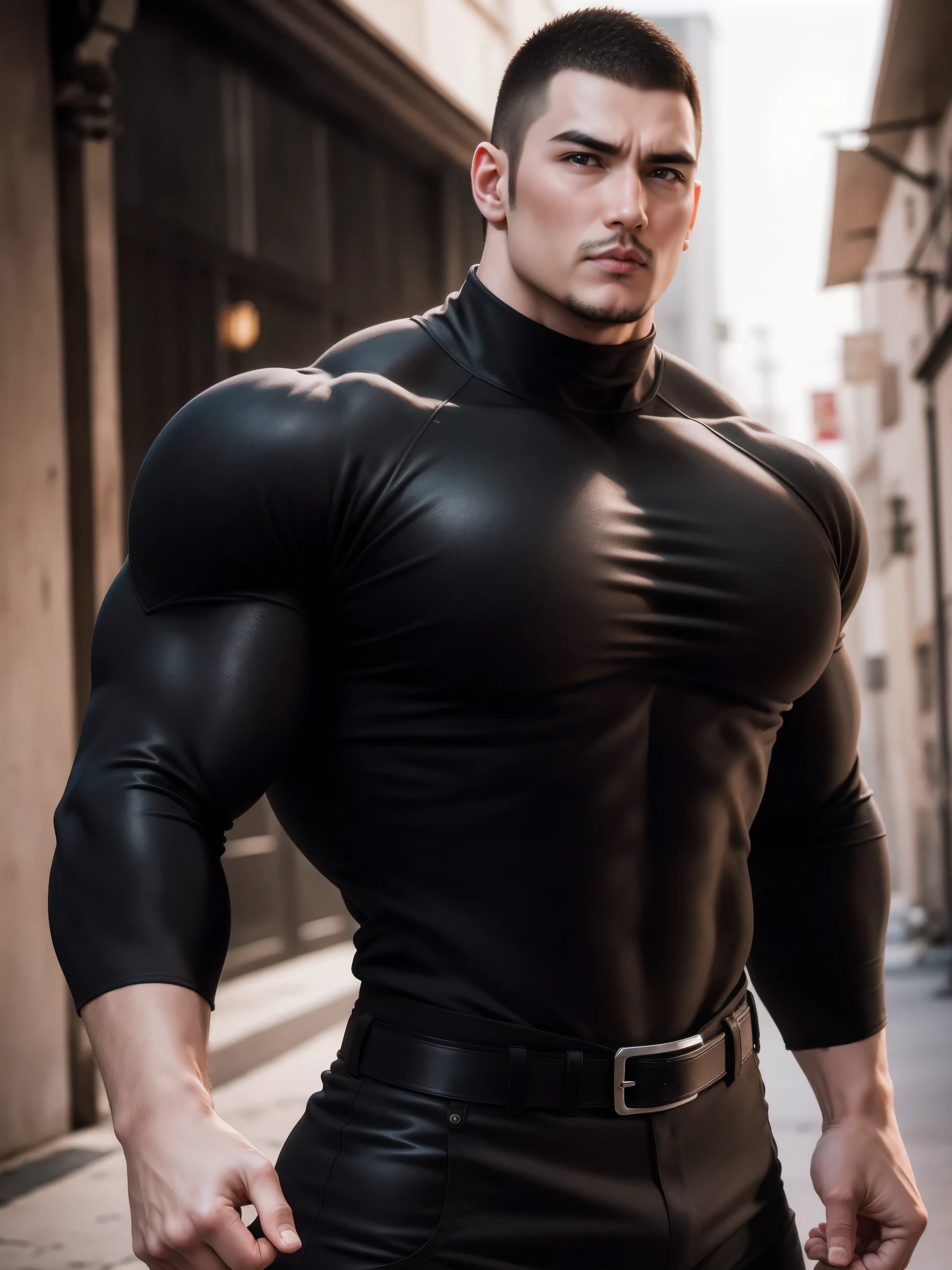 Super muscular man with open mouth moaning, Buzz Cut,On the old-style outdoor street under the hot sun, Wear a long-sleeved, deep turtleneck bodysuit, Thickened warm elastic texture,Clothes are very dirty with mud stains,The expression is arrogant, Thick thighs, Messy hair, Thick thighs, High-necked long-sleeved dark yellow high-necked tights, very tight, Regular symmetrical pattern, Highlight muscles, Police uniform pants, character concept(Resident Evil - Chris Redfield, Chris Redfield)A proud expression, Deep and charming eyes, Heroic male pose, tall Burly, muscular!muscular thighs, tough guy, perfect facial features, High, Burly, Heqiang, Super polished and cool, High Resolution Committee, Charismatic, The sun is blazing, dazzling