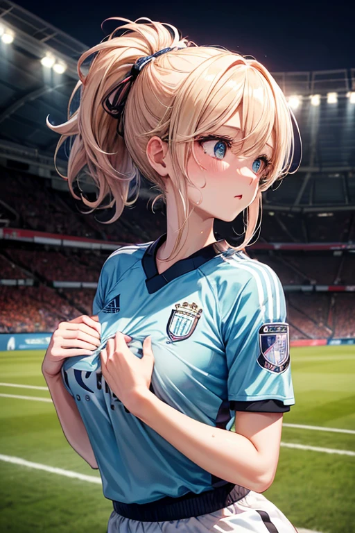 floating hair, light blush, soccer stadium cheering seats, sweat, half updo, outdoors, project a large area, She is wearing a Manchester City FC uniform., Catch a 축구 ball with your chest, hit the ball in the chest., japanese cartoon movies, japanese cartoon movies style, 4K, textured skin, super detail, best quality, Awards