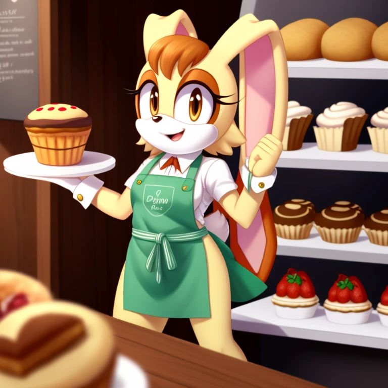 Vanilla the rabbit wearing in an apron, running a pastry café.