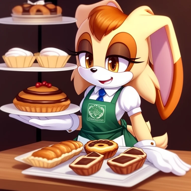 Vanilla the rabbit wearing in an apron, running a pastry café.