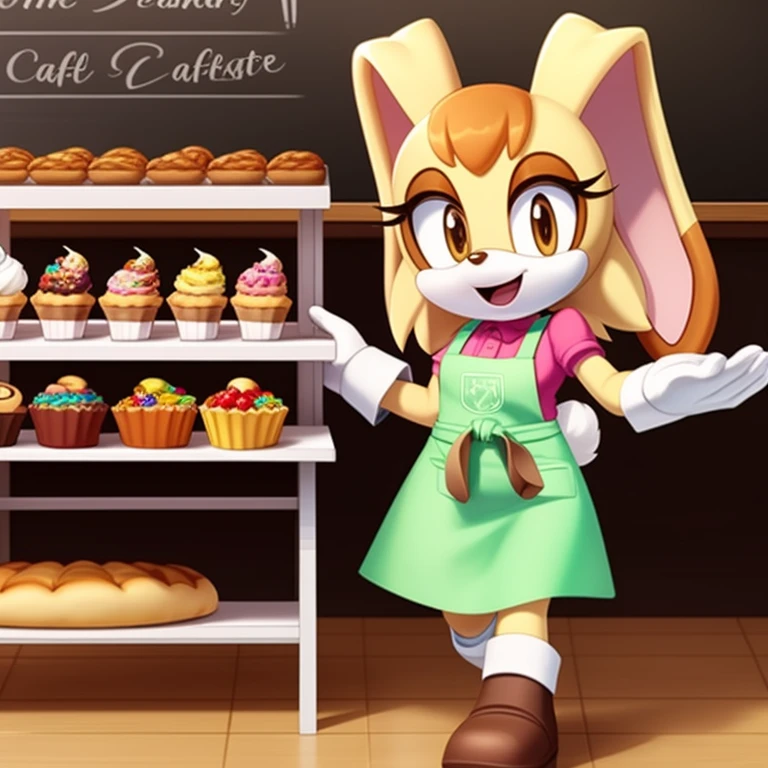 Vanilla the rabbit wearing in an apron, running a pastry café.