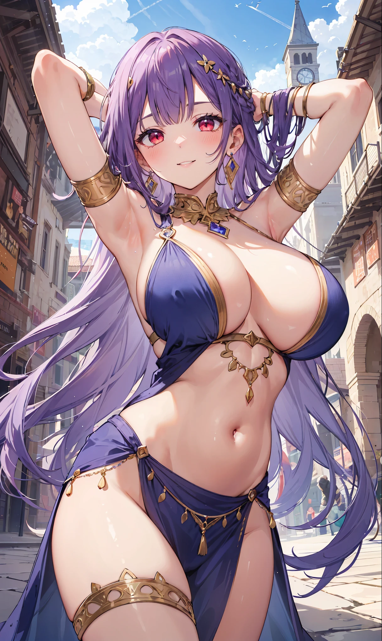 high quality, ultra detailed, best quality, insanely detailed, beautiful, masterpiece, 1girl, medieval plaza, cowboy shot, red eyes, long hair, purple hair, belly dancer, circlet, earrings, armlets, bracelets, bashful smile, large breasts, cleavage, soft stomach