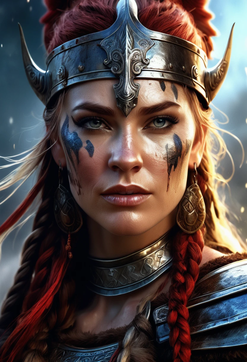 Female Warrior, A stunning Beautiful ancient female viking warrior war paint, eerie atmosphere, wet brush, By Wadim Kashin and Alberto Seveso, Epic cinematic brilliant stunning intricate meticulously detailed dramatic atmospheric maximalist digital matte painting, Flawless eyes, hyperdetailed painting, CGSociety ZBrush Central fantasy art concept art  megapixels 8K resolution HDR, photorealistic lifelike
