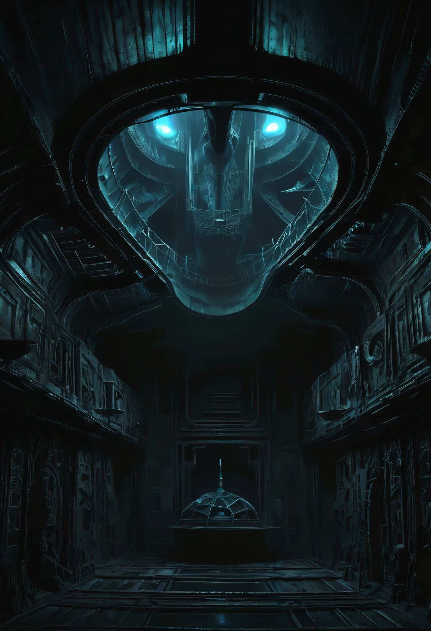 01_Black light, the interior of an epic alien ship, the atmosphere of the movie “Alien”. Bionic forms cover the walls in bas-relief, black artificial material, stone-plastic, and bionics. Sanded, polished, smooth, bas-relief, bionics, cyber-punk. Elements of alien bodies, and the anatomy of alien creatures, adorn the relic bas-reliefs of an alien ship. Black light penetrates forms from the inside. The whole picture embodies the black theme, black glow, antimatter, space - as a symbol of black infinity. 02_Highest quality. Masterpiece. Cinematic image. 3D visualization. Scene recreated by Unreal Engine. The highest quality, details, textures, materials, and, clear shapes (smooth synthetic material, artificial stone, plastic, metal). Black glow from the depths of forms, an alien ship, an alien civilization, alien worlds. Frontal view from the camera, perspective, with watery ceilings, a deep grotto, membrane floor, and fantastic bas-reliefs on the walls (bionics, anatomy, entomological life forms depicted on bizarre bas-reliefs). Black glow is the basis of the whole picture. 03_ Interior lighting, deep shadows, illuminated black bas-relief, bionic geometry, and secret symbolism decorate the walls. High vaulted walls, an alien ship - a highly developed civilization. Warm bright - contrasting light, light cold shadows, clear image of details, texture, decor (high image quality), (Clear high-quality render), (unreal engine), SD quality, 8K. Lucas Arts, cyberpunk, S.R. Giger "Alien".