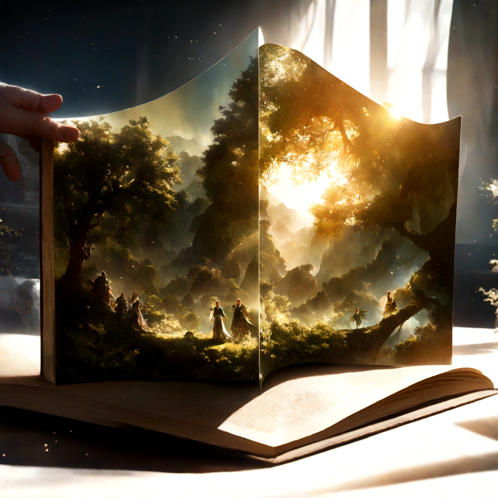 Hyper-realistic digital art style, "fairy tale", A fantasy world that comes out of the book center, Opening the book, Ultra detailed double exposure fantasy illustration, masterpiece, Movie, author：Andreas Lie, Luke Gramm, Photorealism, Backlight, Gorgeous lighting