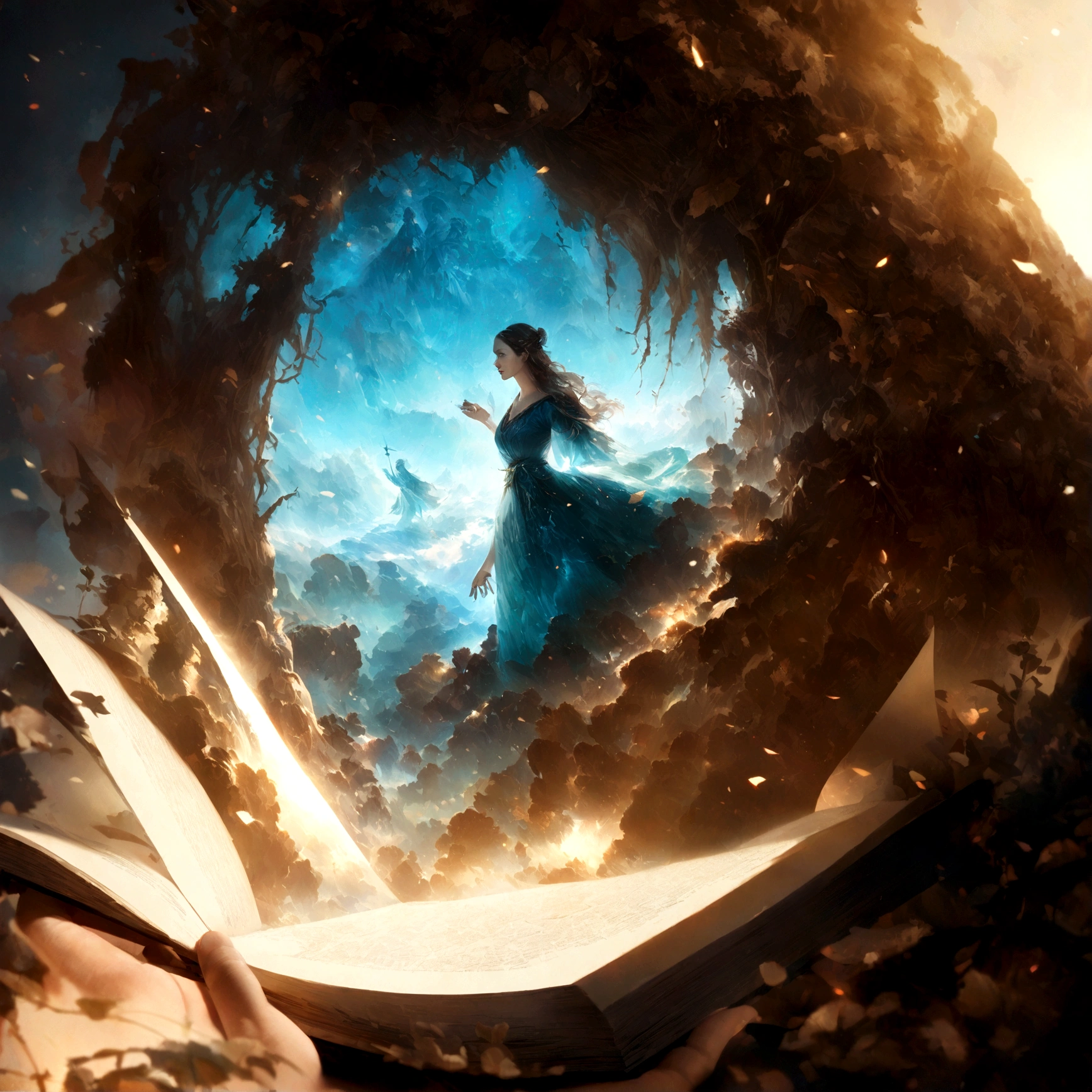 Hyper-realistic digital art style, "fairy tale", A fantasy world that comes out of the book center, Opening the book, Ultra detailed double exposure fantasy illustration, masterpiece, Movie, author：Andreas Lie, Luke Gramm, Photorealism, Backlight, Gorgeous lighting