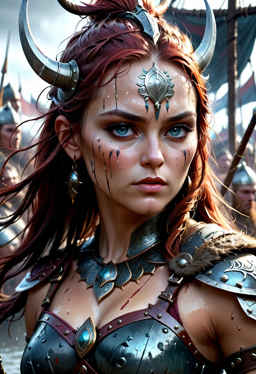 Female Warrior, A stunning Beautiful ancient female viking warrior war paint, eerie atmosphere, wet brush, By Wadim Kashin and Alberto Seveso, Epic cinematic brilliant stunning intricate meticulously detailed dramatic atmospheric maximalist digital matte painting, Flawless eyes, hyperdetailed painting, CGSociety ZBrush Central fantasy art concept art megapixels 8K resolution HDR, photorealistic lifelike