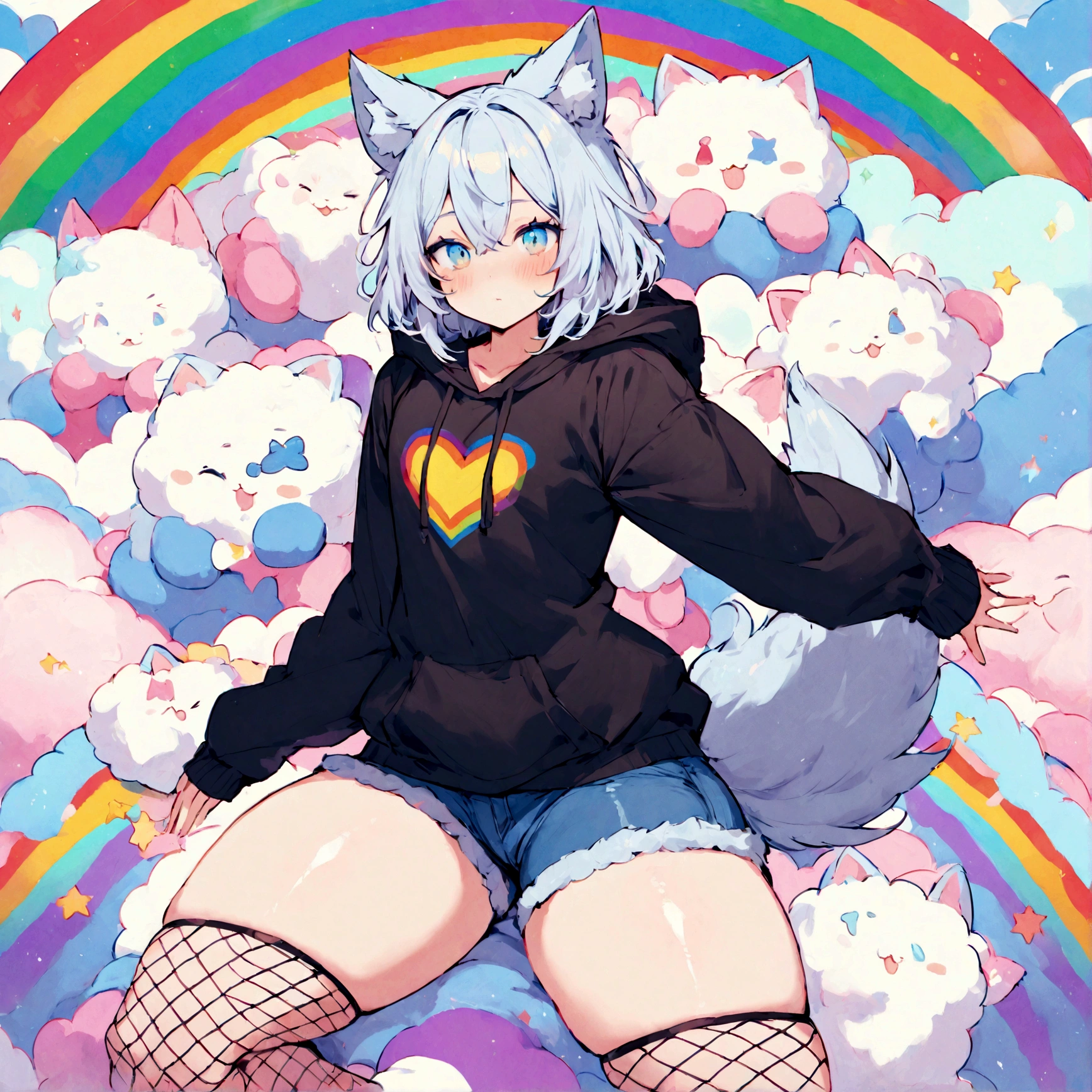 a cute adult male with wolf ears, white hair, has a wolf tail, wearing a loose cropped oversized black hoodie, wearing a pair of denim short shorts and fishnet stockings, thick thighs, wide hips, relaxing on mound of fluffy multi colored kawaii plushies, short, very slim, showing slender tummy, stretching out, heart on hoodie, squishy thighs, has glowing blue eyes. alone, solo (ALONE)(SOLO), surrounded by rainbows