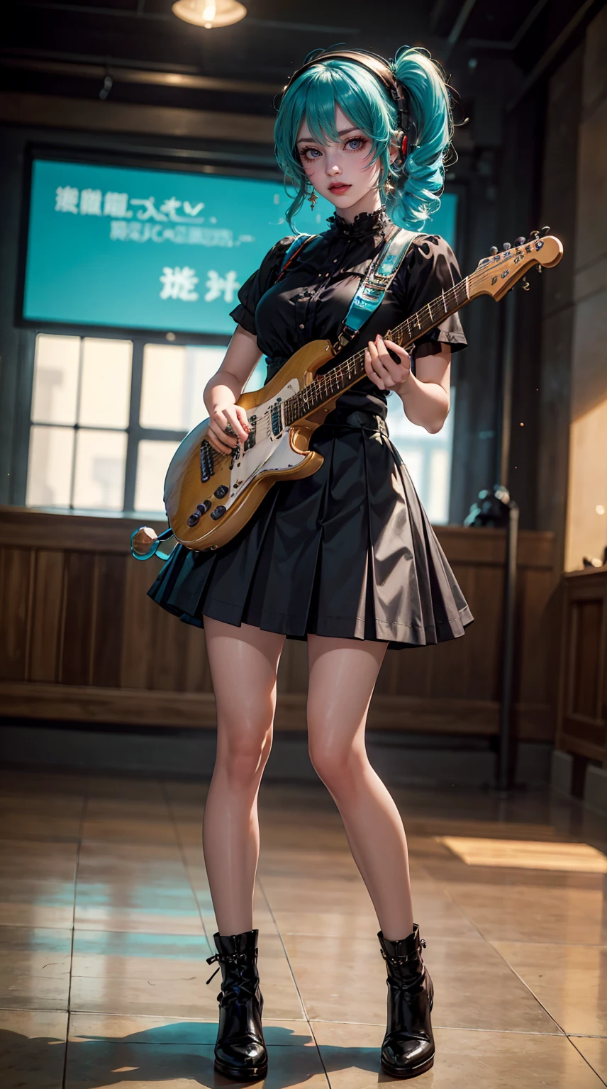 ((masterpiece, highest quality))One Girl, alone, Black Dress, blue eyes, electric guitar, guitar, Headphones, Double Ponytail, Holding, Holding plectrum, musical instrument, Long Hair, music, One side up, Turquoise Hair, Twin tails, guitarを弾く, Pleated skirt, Black Shirt, interior