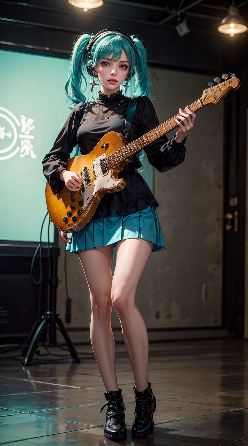 ((masterpiece, highest quality))One Girl, alone, Black Dress, blue eyes, electric guitar, guitar, Headphones, Double Ponytail, Holding, Holding plectrum, musical instrument, Long Hair, music, One side up, Turquoise Hair, Twin tails, guitarを弾く, Pleated skirt, Black Shirt, interior