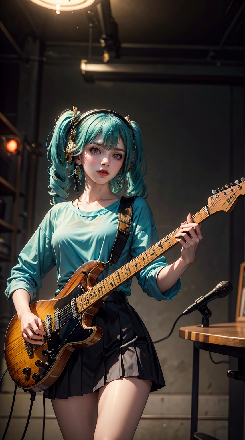 ((masterpiece, highest quality))One Girl, alone, Black Dress, blue eyes, electric guitar, guitar, Headphones, Double Ponytail, Holding, Holding plectrum, musical instrument, Long Hair, music, One side up, Turquoise Hair, Twin tails, guitarを弾く, Pleated skirt, Black Shirt, interior