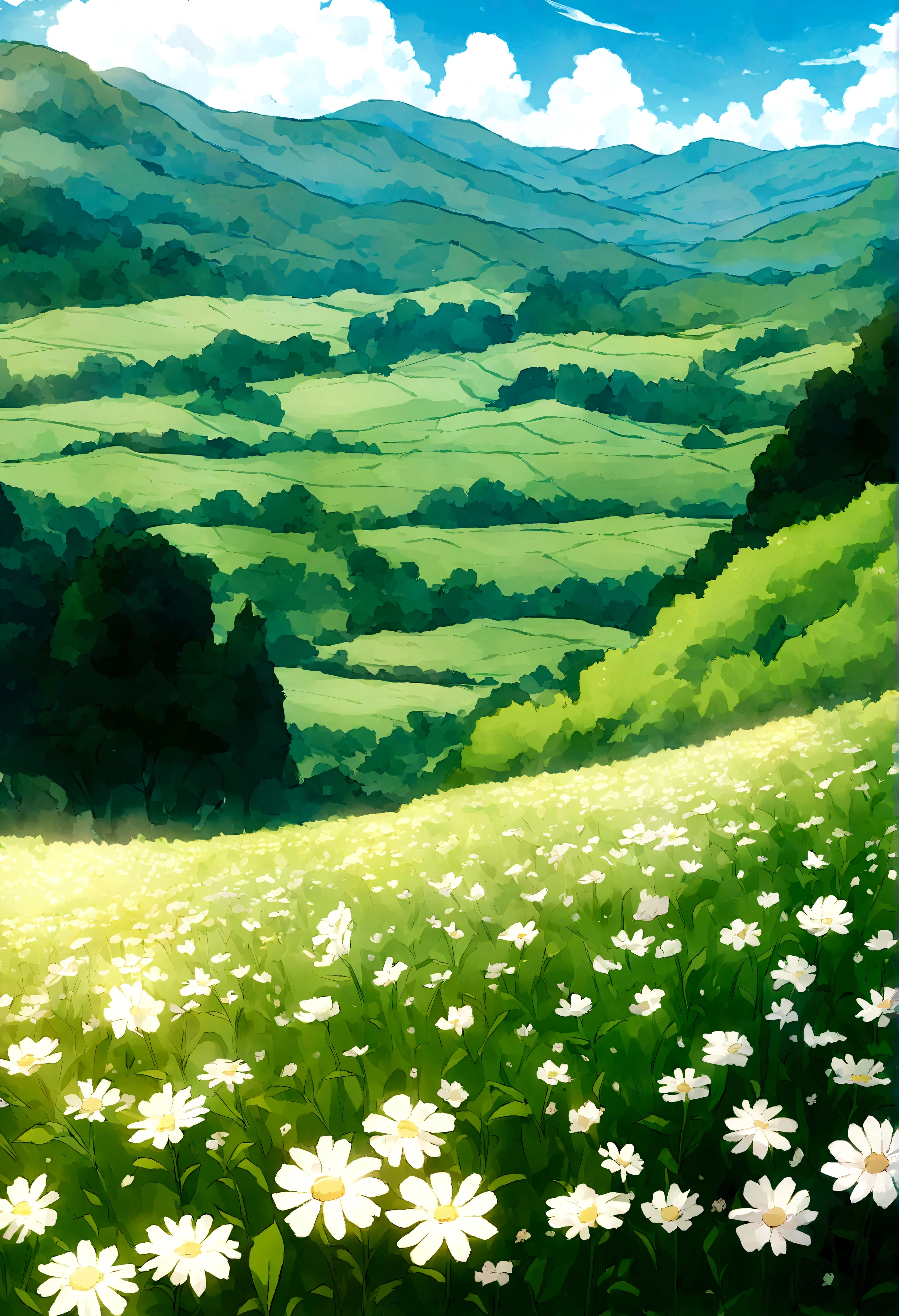 field region, repleto de flores, on a beautiful sunny morning, open area, durante a primavera, montanhas ao fundo da imagem, animation style, cartoon