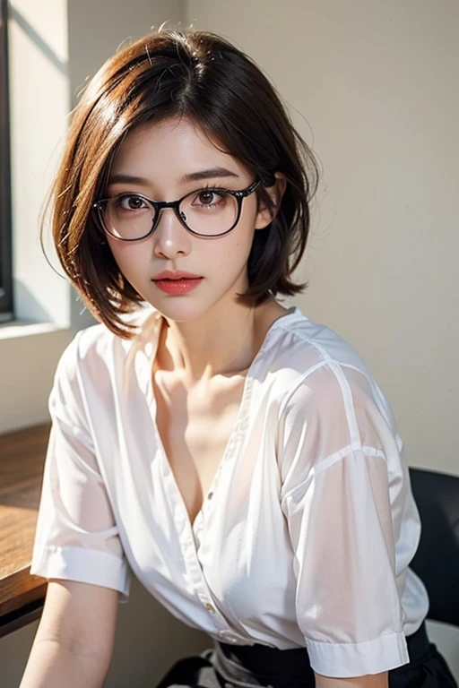 One girl,  Small breasts,, (8k, RAW Photos, highest quality, masterpiece:1.2),(Realistic, photo-Realistic:1.37),Very delicate and beautiful,8k,In detail,Beautiful fine details,highest quality,Ultra-high resolution,((Very detailed)),(photo-Realistic:1.37),(((short hair)))、right eye:((Mole on outer corner of eye))、((Narrow waist))、(slender)、(office)、((White shirt))、Black Skirt、((double eyelid))、Sitting、((Tear bags))、Black-rimmed glasses