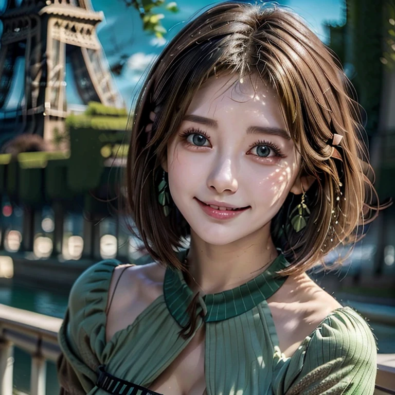 (Highest品質, 8k,32k,masterpiece, Ultra-high resolution:1.2),Highly detailed CG Unity 8k wallpaper,Intricate details,RAW Photos,(Realistic:1.4),atmosphere,Ultra-high resolution,Genuineistic,Genuine,Huge_file size,Incredibly absurd,(Centered:1.3),Ultra Illustration,(Super detailed),Cinema Lighting,Mr.々Color,Depth of written boundary,art:Krenz Kuschal,Golden Hour Lighting,Photographed with Canon EOS,シグマ artレンズ 35mm F1.4,ISO 200 Shutter Speed 2000,Blurred Background,
break,
One girl,(smile:1.4),The body is slim,(short hair:1.4),alone,20 year old Japanese beauty, (Eiffel Tower, Light green blouse:1.6),(Light brown hair:1.5),((Brown eyes)),Big Breasts,chest, Soft white skin that shines in every detail,Pale skin,Very beautiful face,Very well-formed face,Natural and realistic faces,Highest,Beautiful fine details,Striking eyes,Detailed drawn eyes, smile with your mouth closed,Mouth details,Detailed lips,Beautiful, shining lips,Glossy lips,Simple Earrings,necklace,jewelry, alone focus,Low neckline,bottomless,
break,
Cinema Lighting,cool,Are standing,Sexy pose,
break,
(Dutch Angle:1.4),Cowboy Shot,View Viewer,
break,Tzuyu,Yui Aragaki,