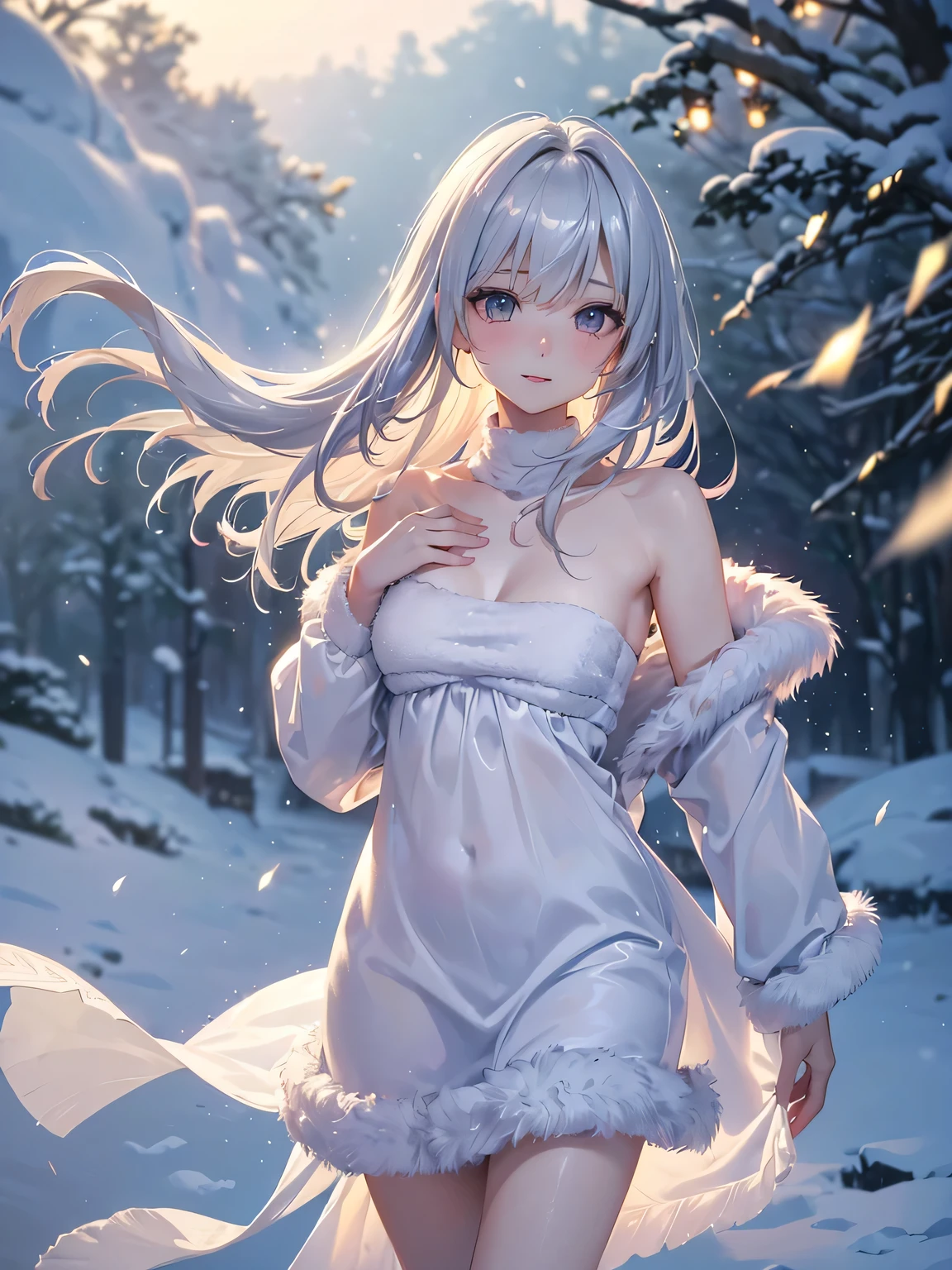 ((masterpiece:1.5、8k、Portraiture、Photorealistic and very detailed CG、Very detailed、Particle Effects、Dynamic Effects、Shallow depth of field、Cinematic Light、Lens flare、Ray Tracing、Tabletop、Realistic:1.4、超A high resolution:1.2、Realistic、Realistic))((alone、,Woman wearing an off-the-shoulder fur sweater:1.4、Elegant woman posing、Detailed face、brightexpression、young, bright, Whiter skin、Ample breasts、Best Looks、Ultimate beauty、Shiny silver hair with highlights、bright and shiny hair,、Super long, Silky straight hair、Hair dancing in the wind))(morning、The setting is outdoors in the snow、Surrounded by illuminations)