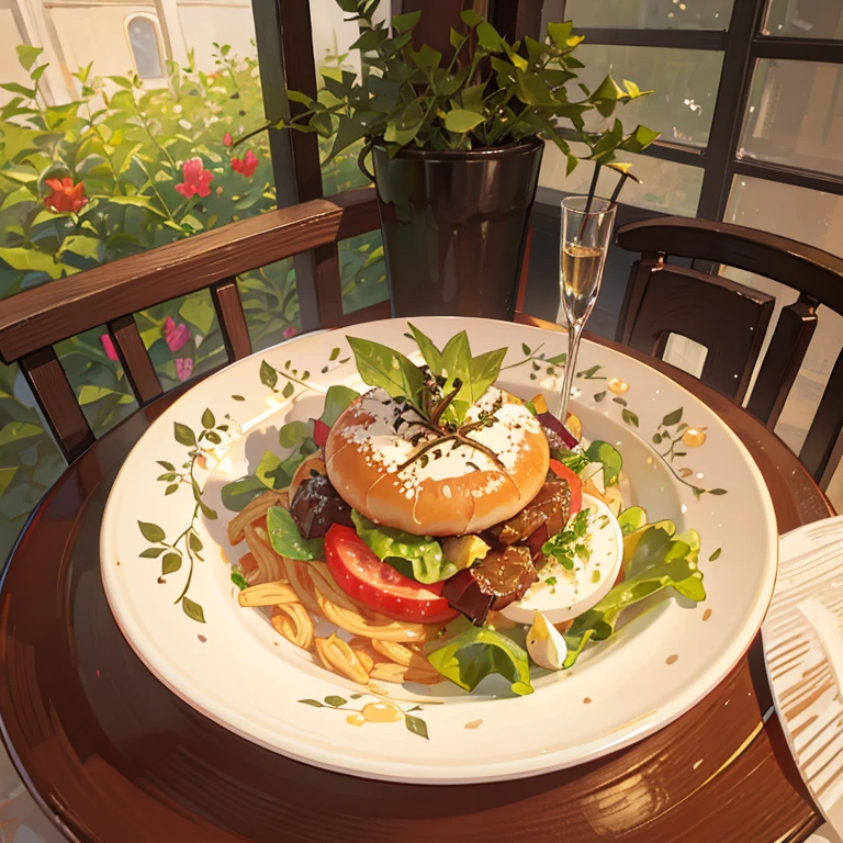 during daytime、flowery garden、The table on which the dishes are placed is located in the center、buffet、Hamburger、pasta、salad、sweets、black tea、wining、Warm sunshine、Delicious looking meals、Laid out on the table、colourfull、cute little、Looks delicious