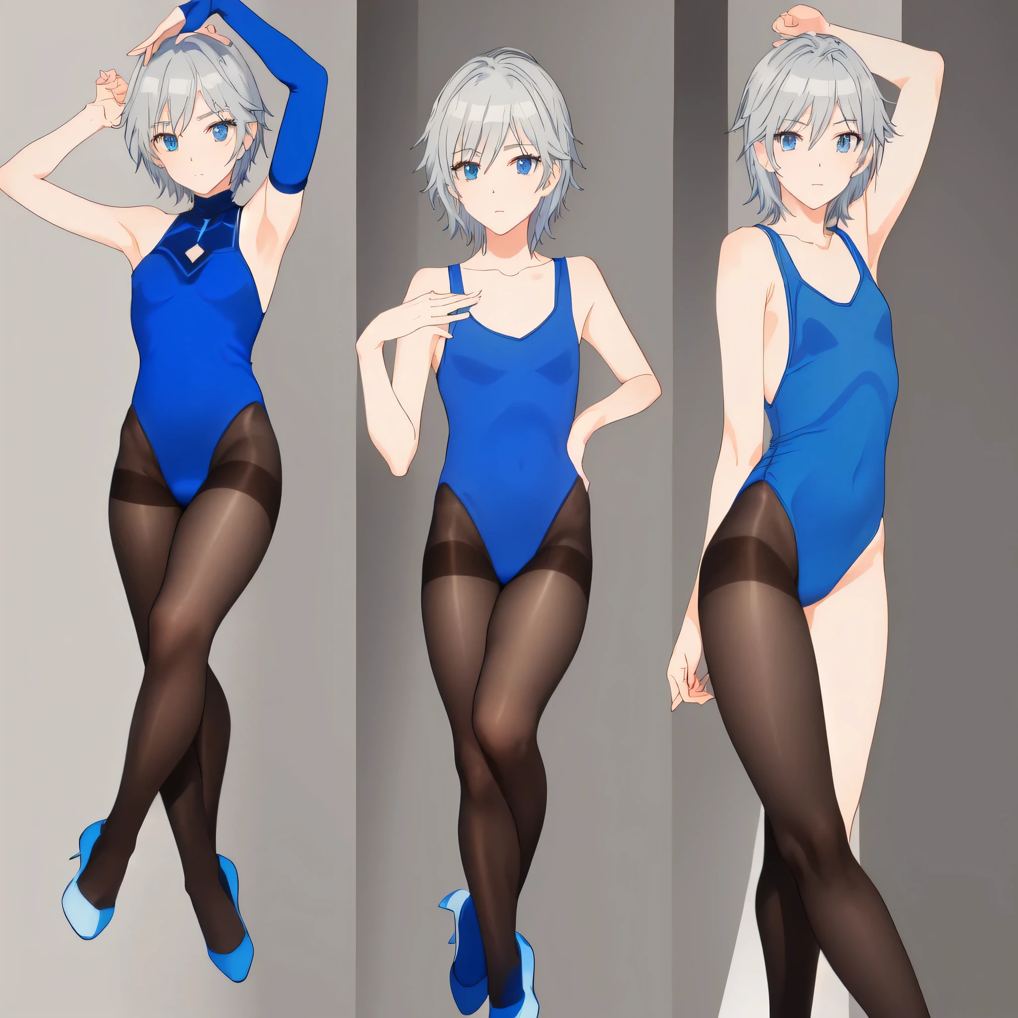 Boy wearing blue leotard、Anastasia as a boy、1 boy、solo、Silver Hair、Short Hair、Blue Eyes、Anime Pose、Basic leotard、Wearing a leotard、((Blue leotard))、最もStrong pose、leotard top with an tank top、Strong pose、leotard bottom with an highleg、crossdressing、((Brown pantyhose))、Standing pose、whole body!! Dynamic pose、Yoga poses, Sexy pose、pointed pose、Natural pose、perfect body、perfect hands、perfect legs、(male body:1.3)、leotard and pantyhose only、