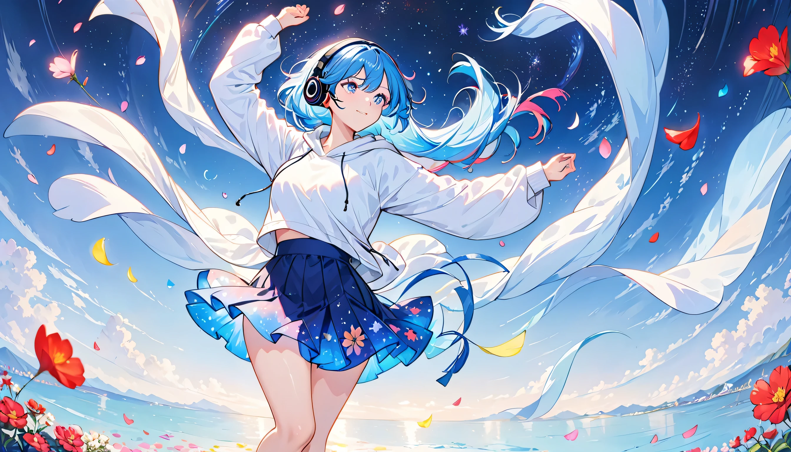 blue haired girl, dancing, whole body, girl wearing headphones, wearing a hoodie with a large hood, mini skirt, colorful petals dance around her, glassland, beautiful starry sky