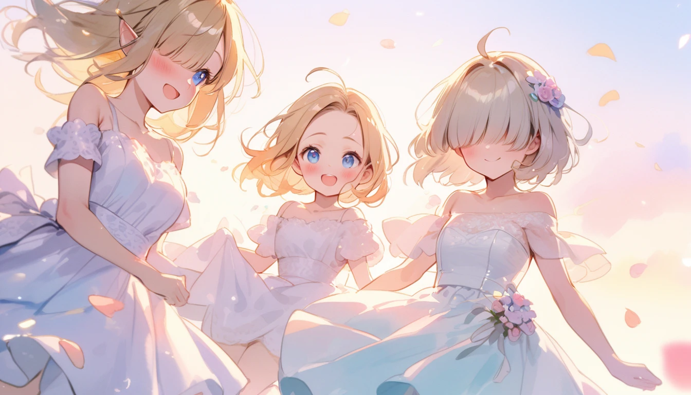 wedding, wedding dress, ((watercolor)), ((little girls)), ((3girls)), ((loli face)), blue eyes, beautiful detailed eyes, glossy blonde hair, ahoge, happy smile, long hair and short hair, glasses, elf, blush, pastel color background, ((petals:1.3)), (windy:1.5), bouquet, ((soft light:1.5)), off shoulder, ((blunt bangs and forehead)), ((hair over eyes:1.3)), ((jumping:1.5))